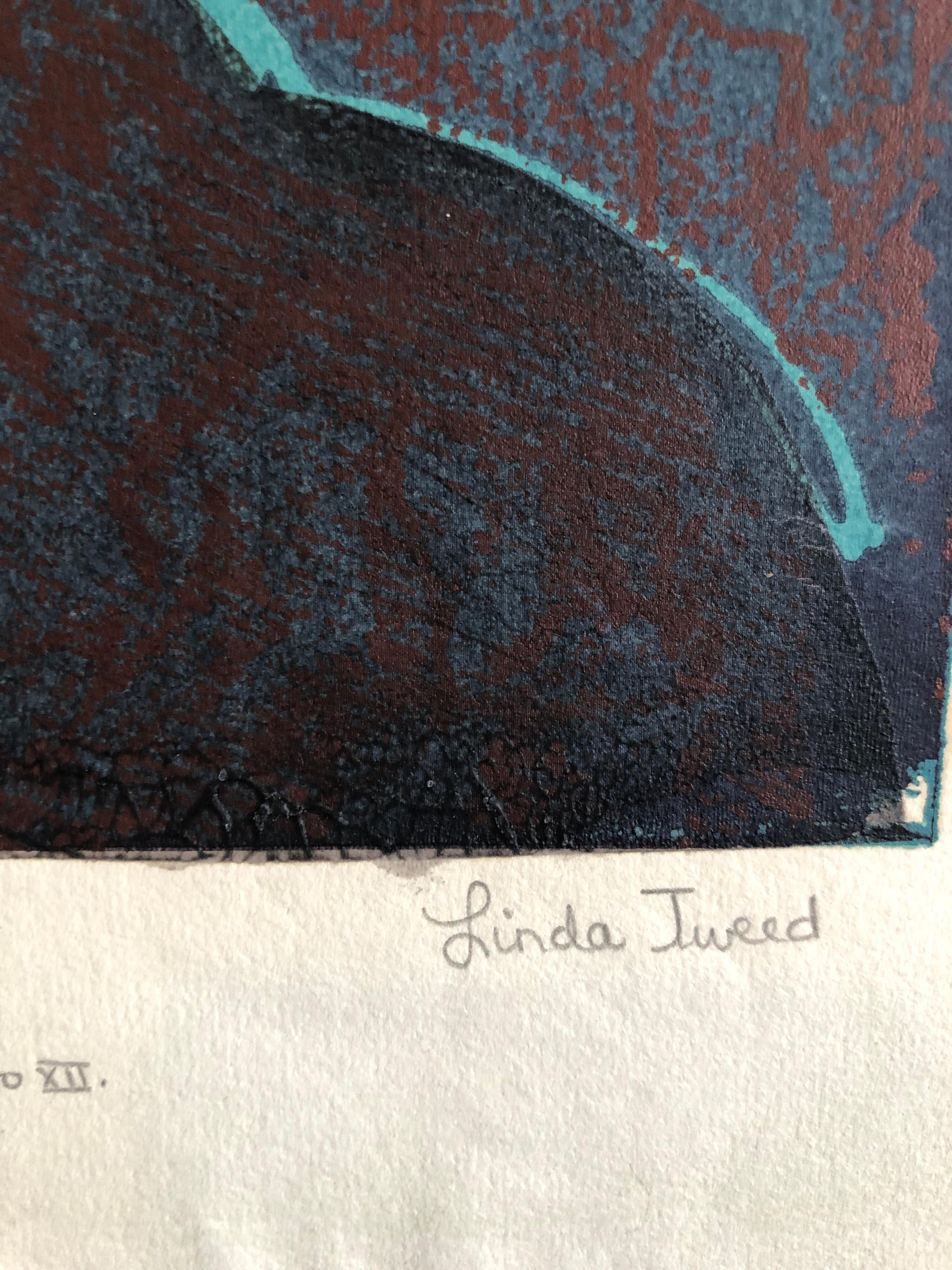 This came out of a Chicago collection. 
It appears to be signed Linda Tweed. It depicts a centaur like mythological figure. it is done on a fine tissue like paper and there is some wrinkling present. Should mat out flat at framers.
it is done in