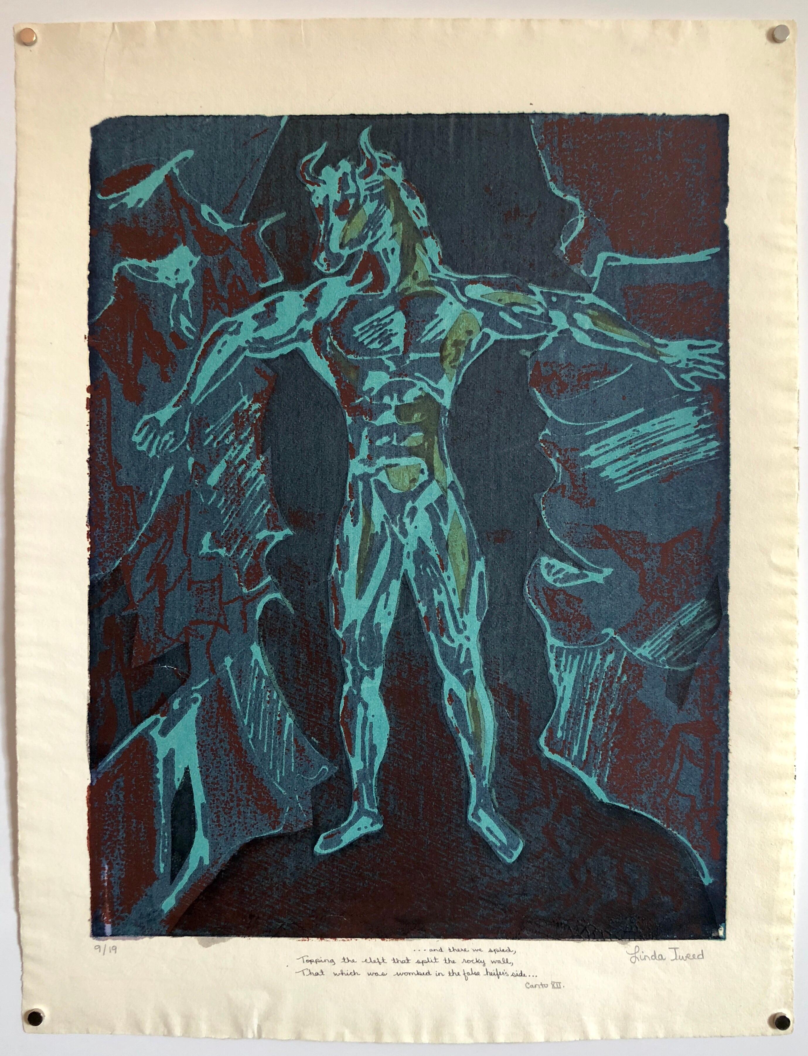 Vintage Vibrant Mod Mythological 1960's Psychedelic Woodblock Woodcut Print  For Sale 4