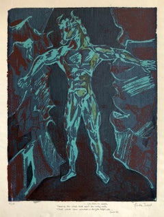Vintage Vibrant Mod Mythological 1960's Psychedelic Woodblock Woodcut Print