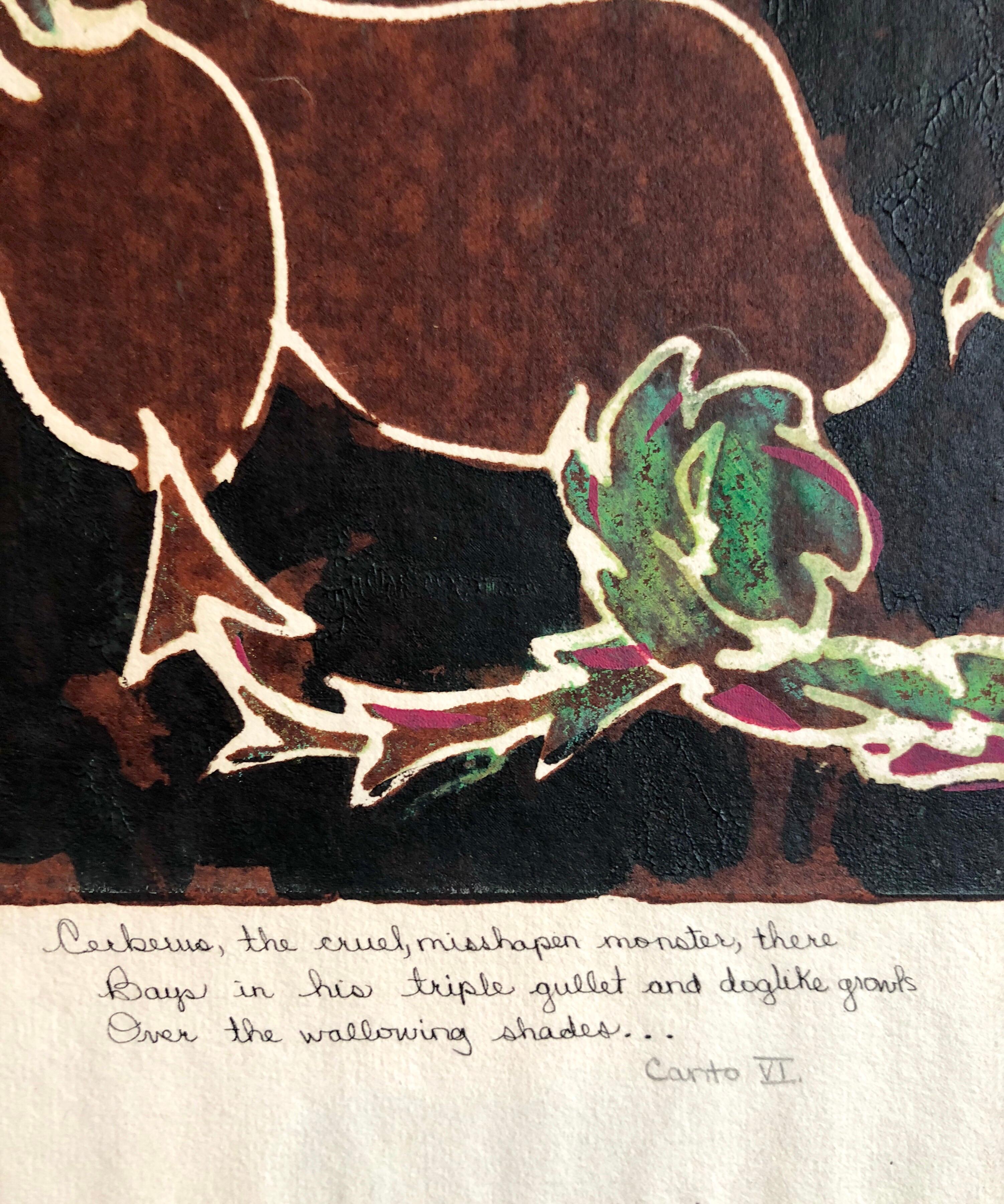 Vintage Vibrant Mod Mythological Dragon Psychedelic Woodblock Woodcut Print  For Sale 1