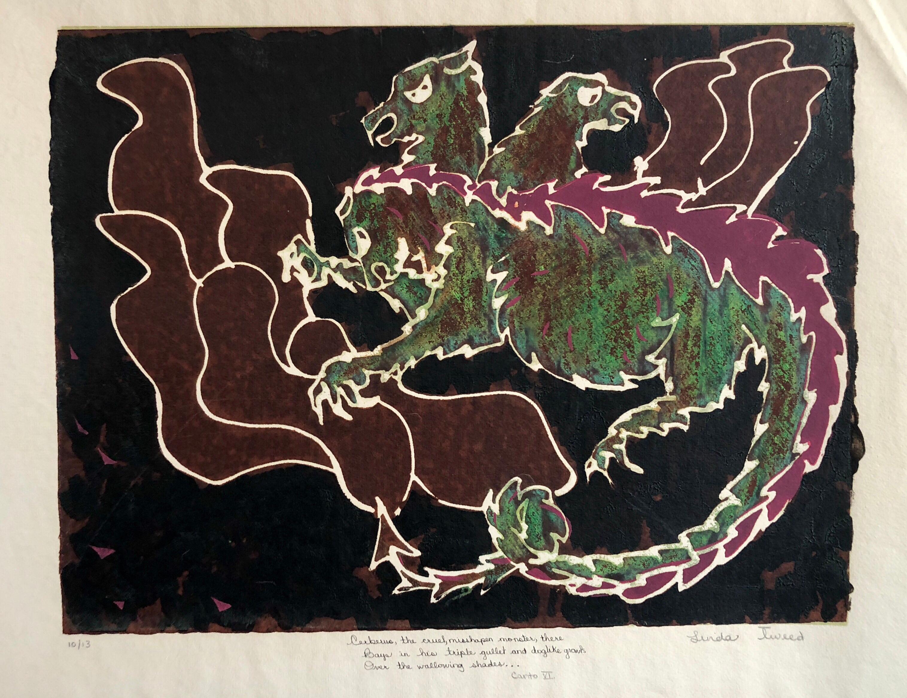 Vintage Vibrant Mod Mythological Dragon Psychedelic Woodblock Woodcut Print  For Sale 3