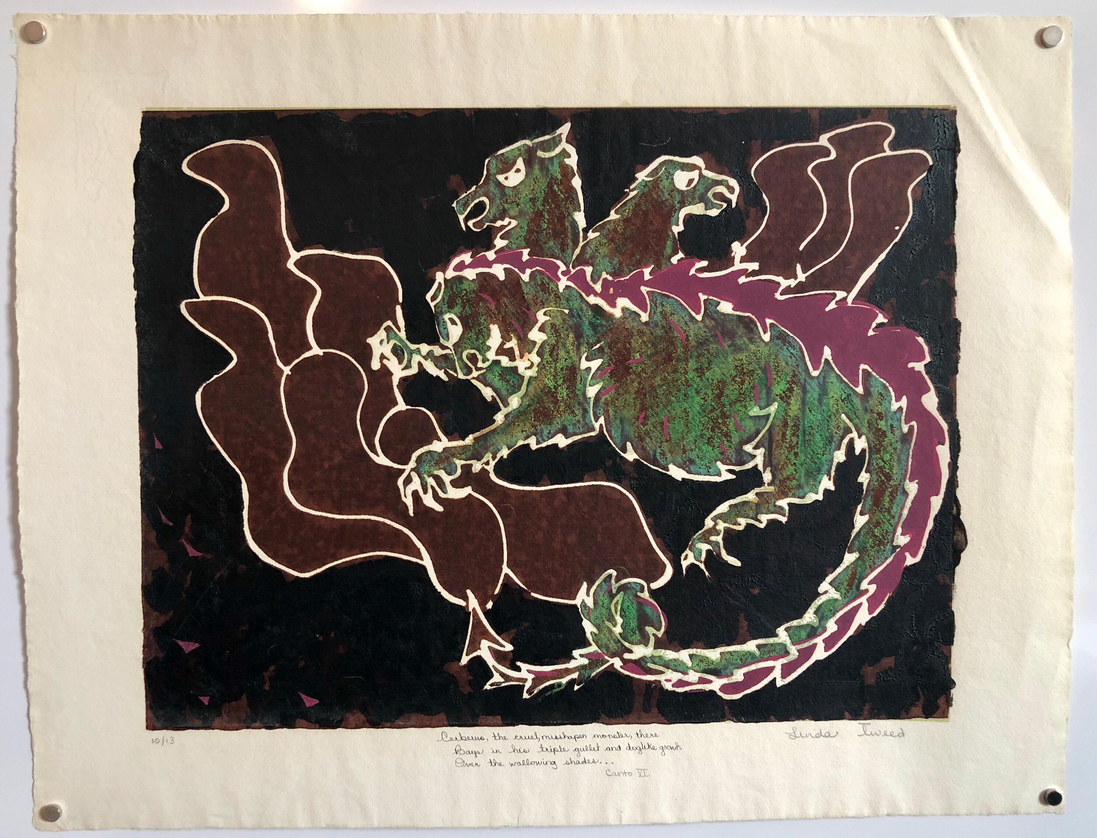 Vintage Vibrant Mod Mythological Dragon Psychedelic Woodblock Woodcut Print  For Sale 4