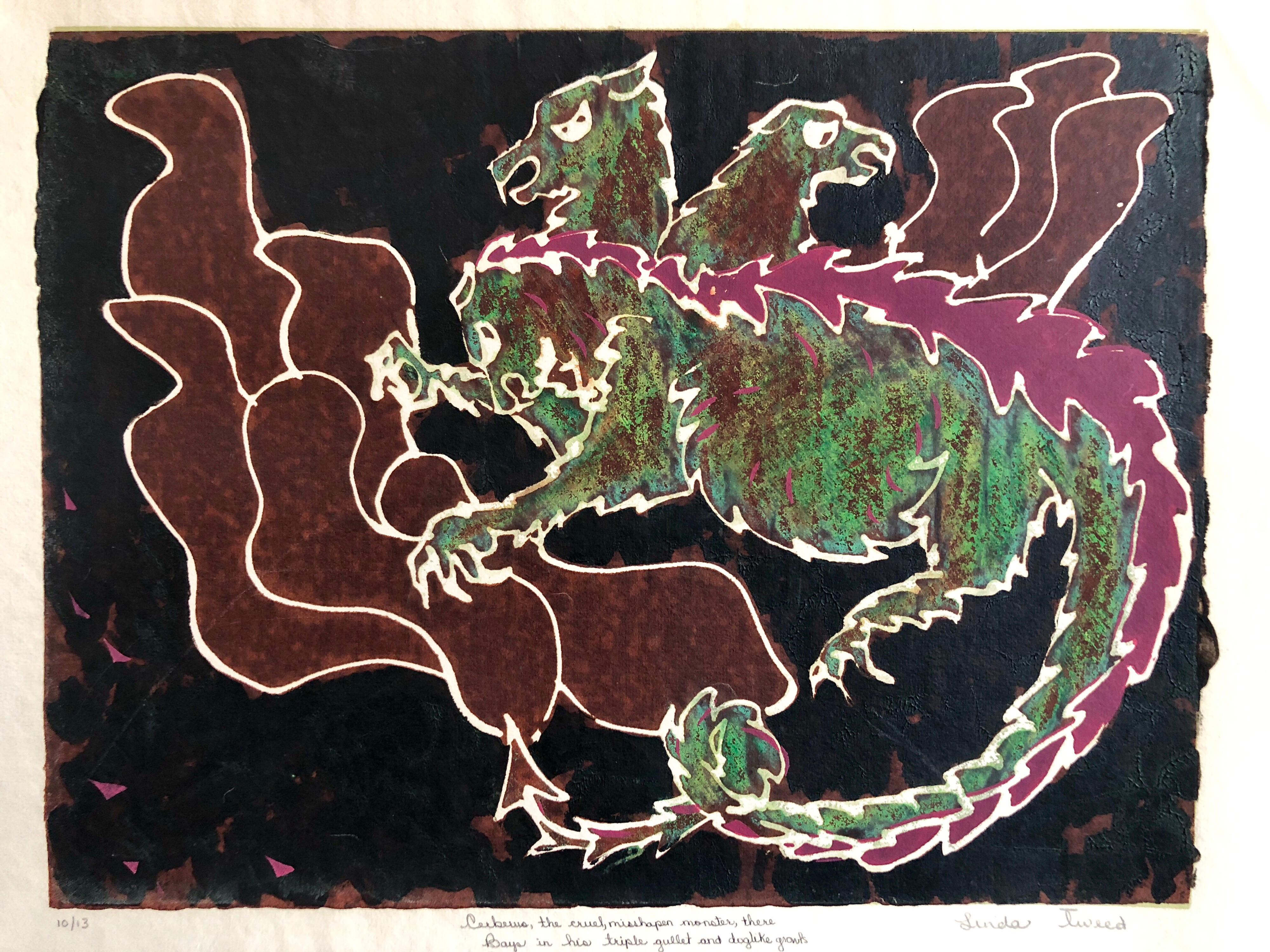 Vibrant Mod Mythological Dragon Psychedelic Woodblock-Holzschnitt-Druck, Vintage 