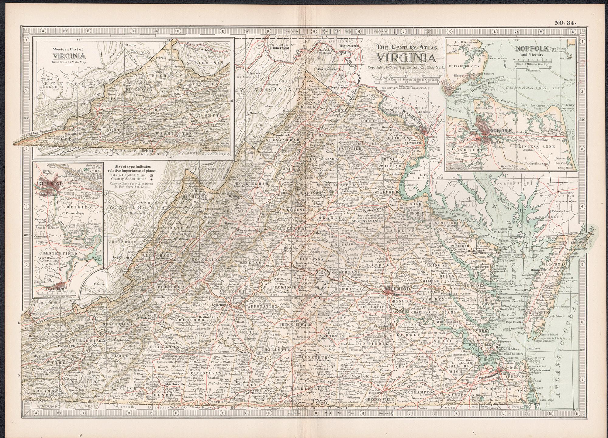 Virginia. USA. Century Atlas state antique vintage map - Print by Unknown