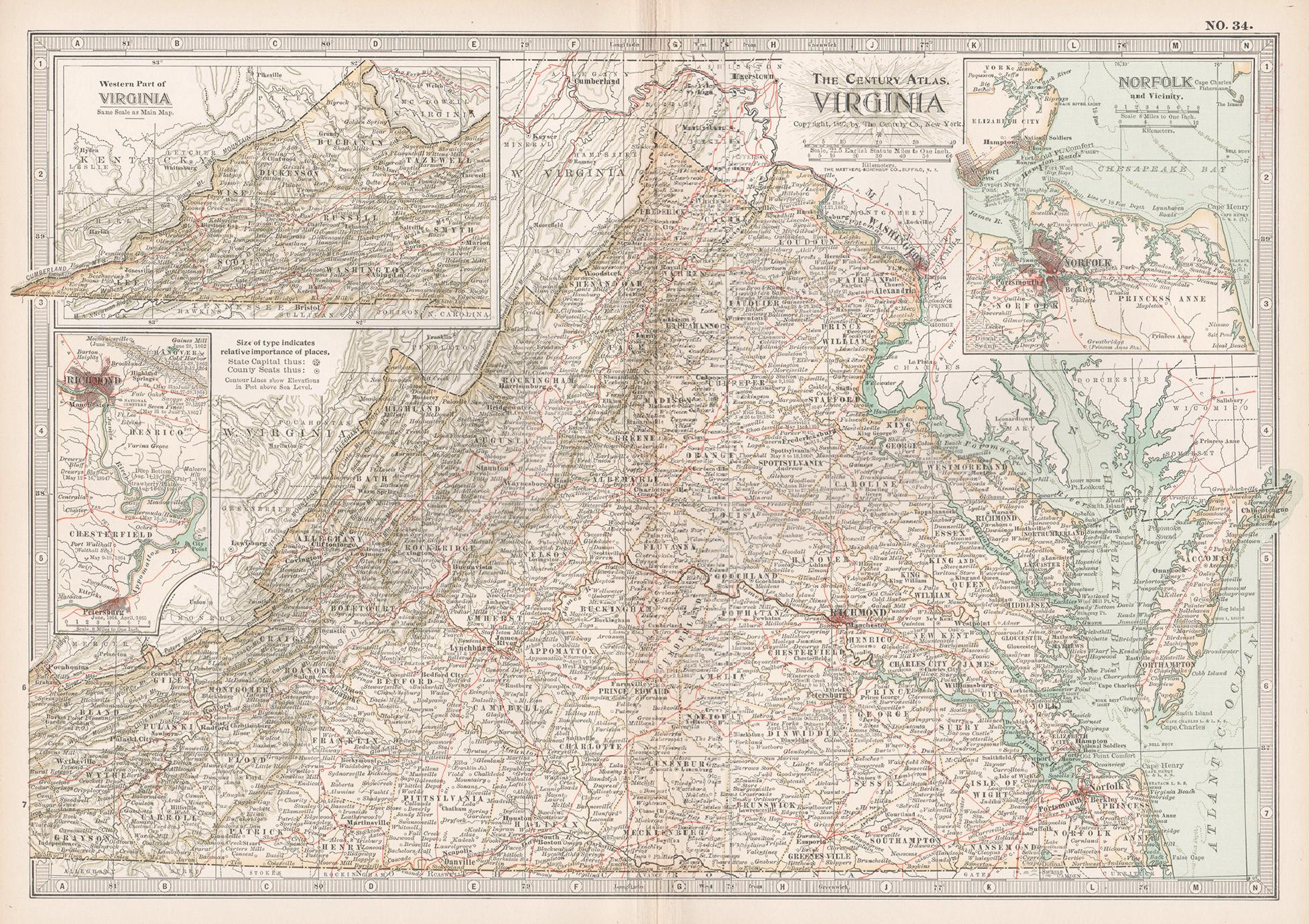 Virginia. USA. Century Atlas state antique vintage map