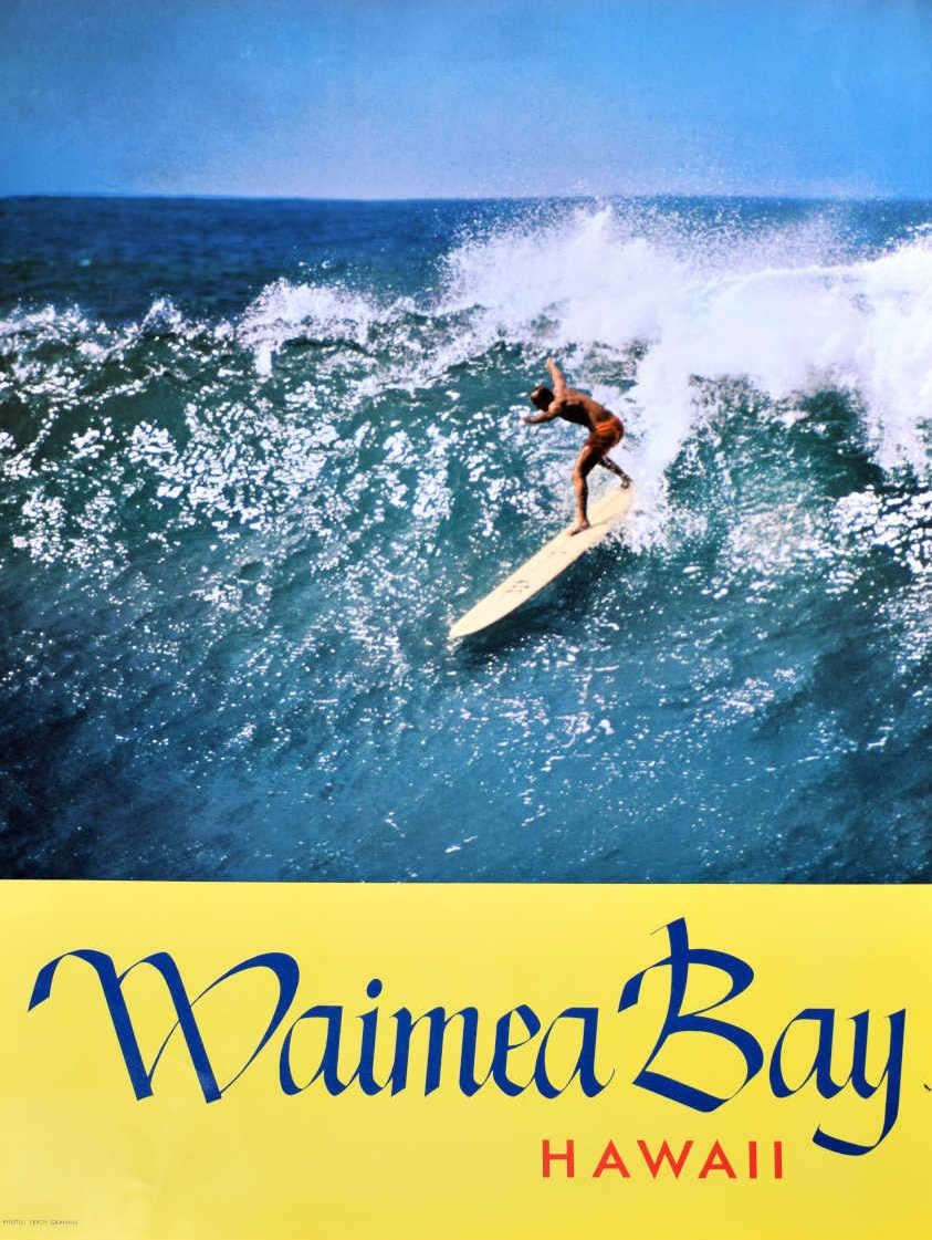 Waimea Bay, Hawaii 1964 Vintage Surfing Poster Mike Doyle champion surfer - Print by Unknown