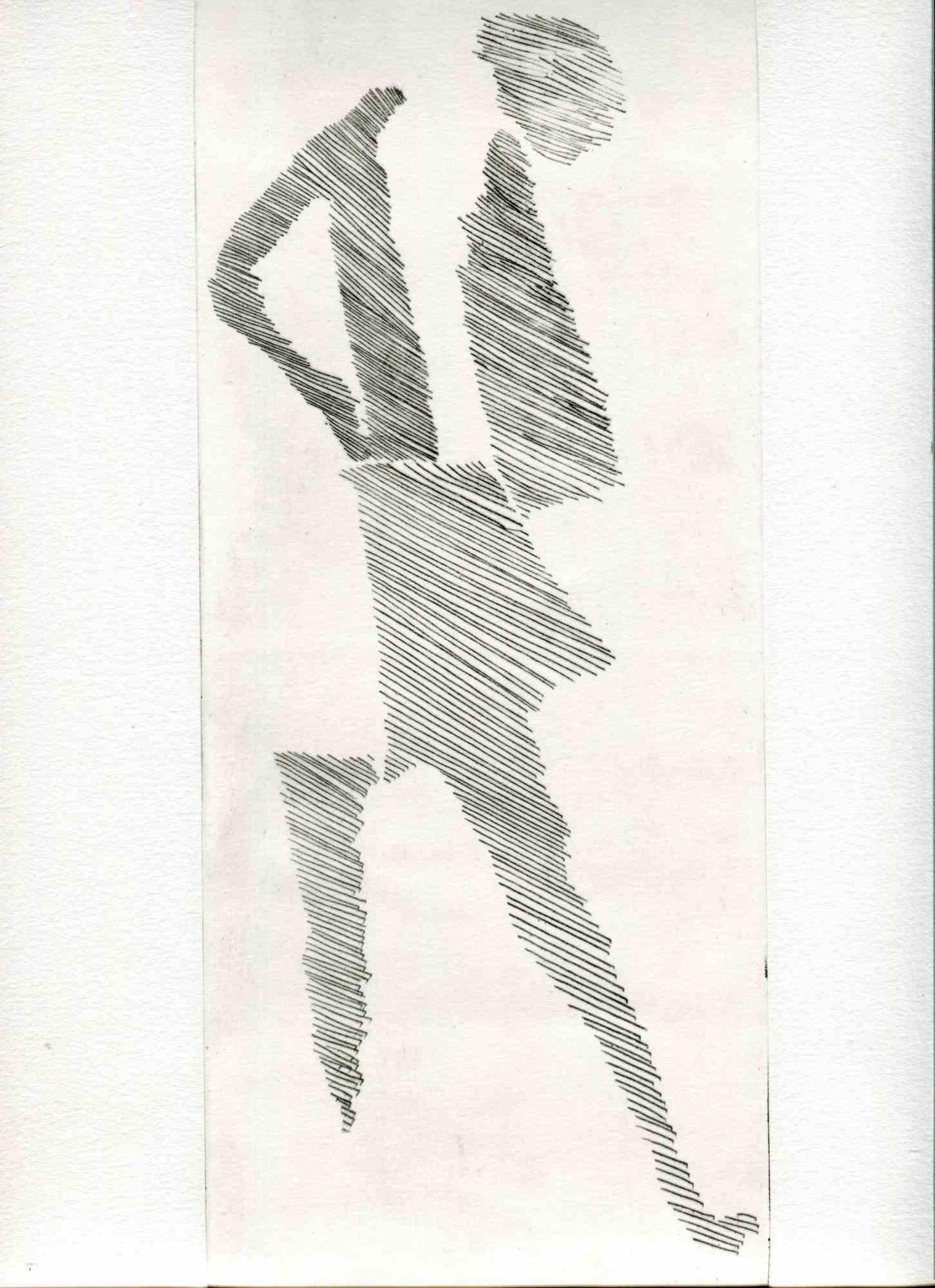 Unknown Figurative Print - Walking Shadow - Original Etching and Drypoint - Mid-20th Century