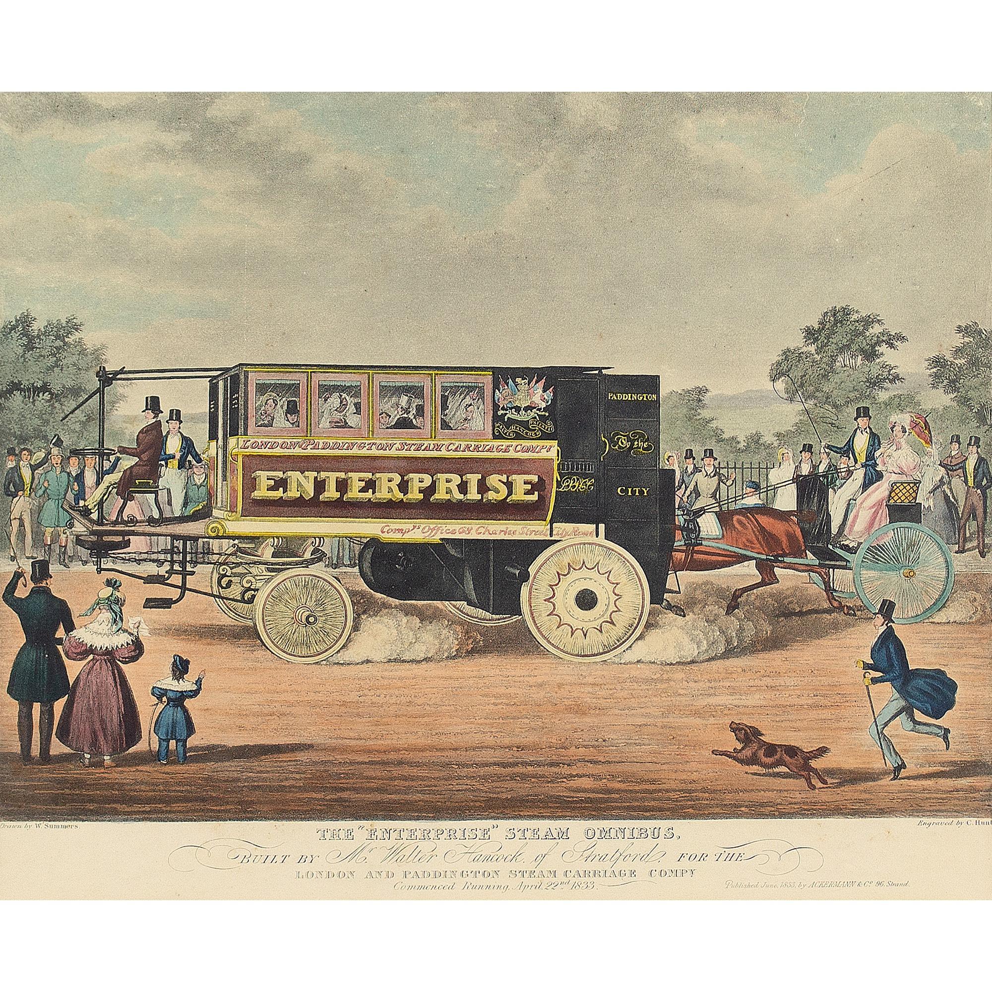 Walter Hancock’s Enterprise Steam Omnibus, 19th-Century Hand-Coloured Lithograph - Print by Unknown