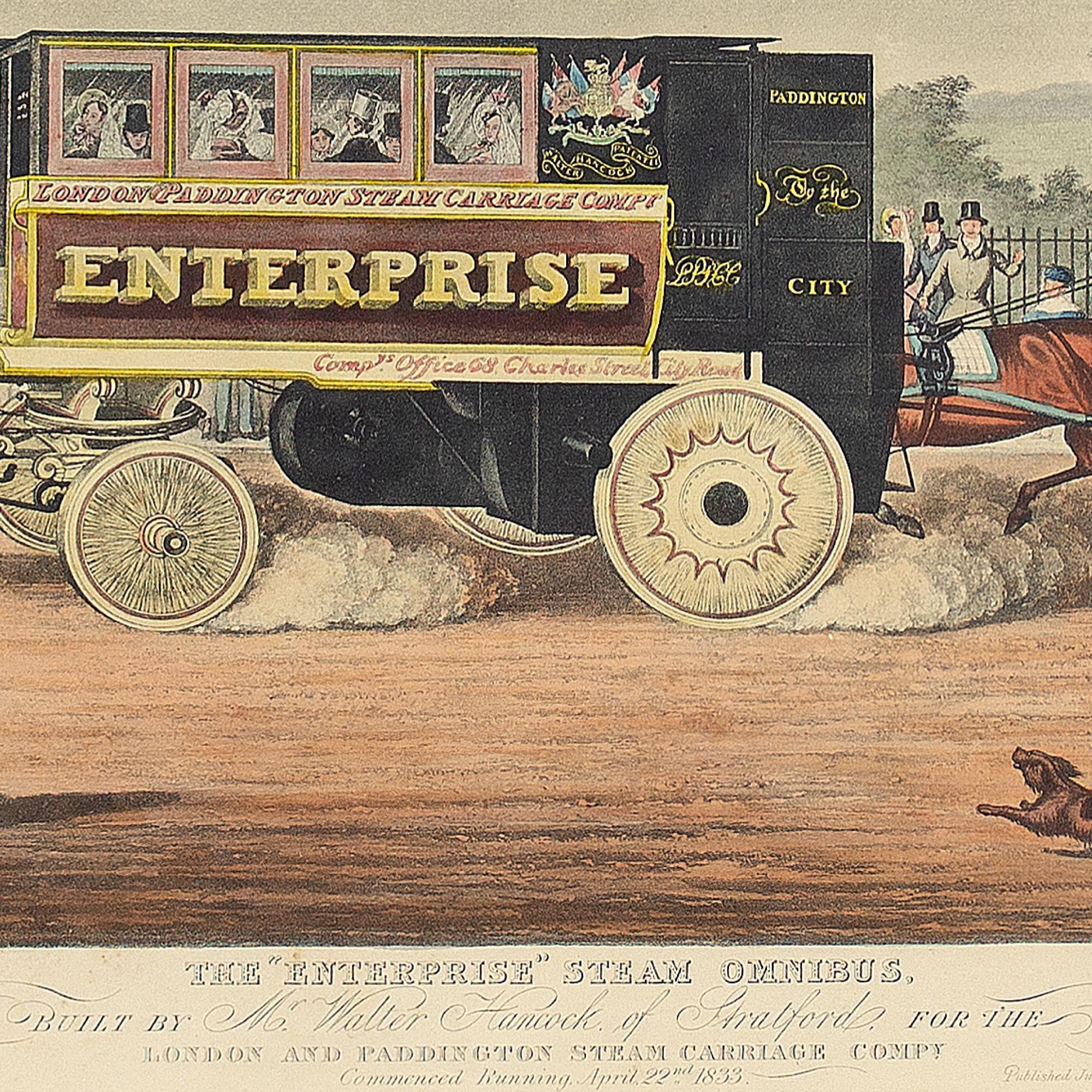 Walter Hancock’s Enterprise Steam Omnibus, 19th-Century Hand-Coloured Lithograph - English School Print by Unknown