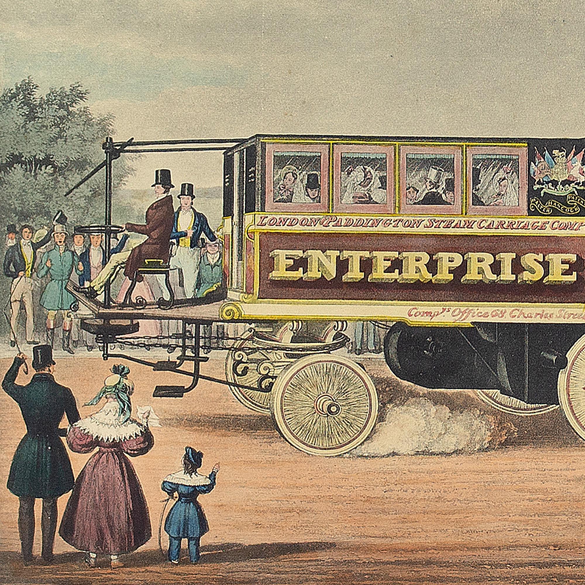 This charming mid-19th-century hand-coloured lithograph depicts the ‘Enterprise Steam Omnibus’, the most successful steam carriage of its period.

In the early 19th century, long-distance travel was predominantly undertaken by horse-drawn carriages.