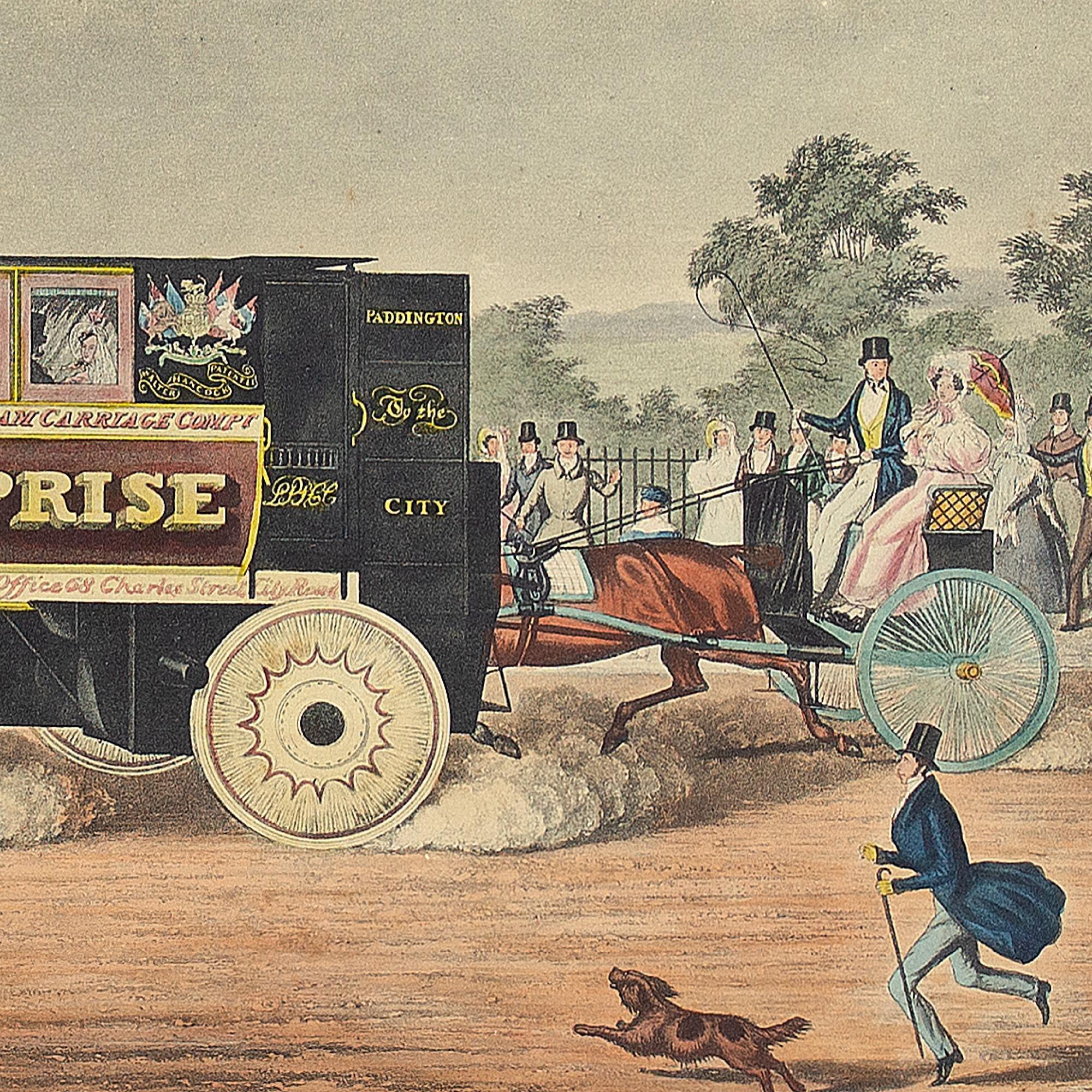 Walter Hancock’s Enterprise Steam Omnibus, 19th-Century Hand-Coloured Lithograph For Sale 1