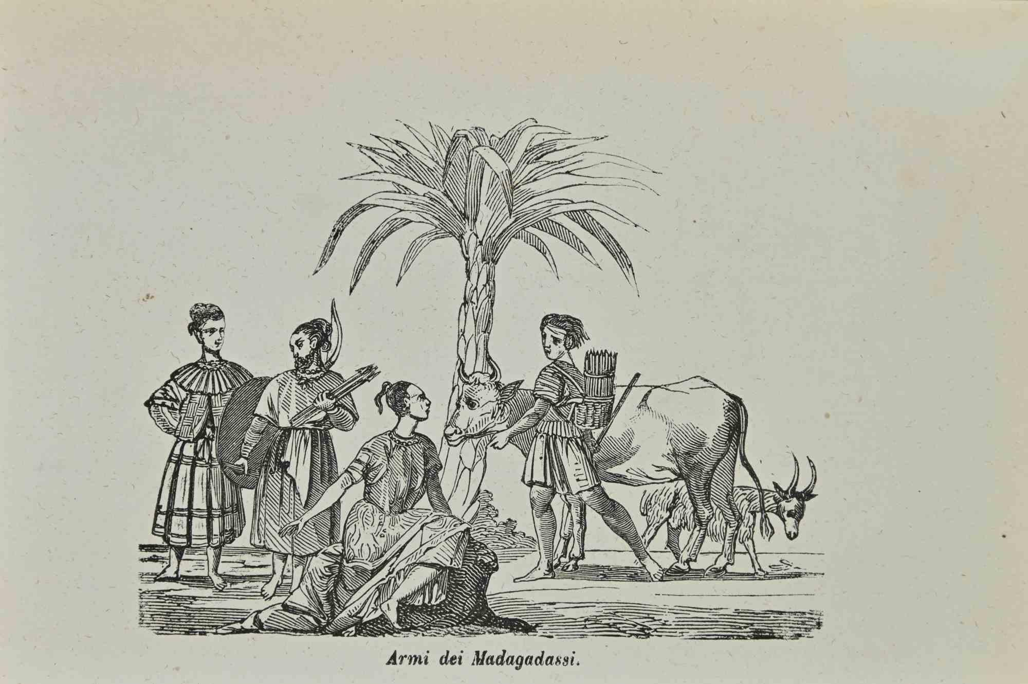 Unknown Figurative Print – Waffen von Madagadassi – Lithographie – 1862