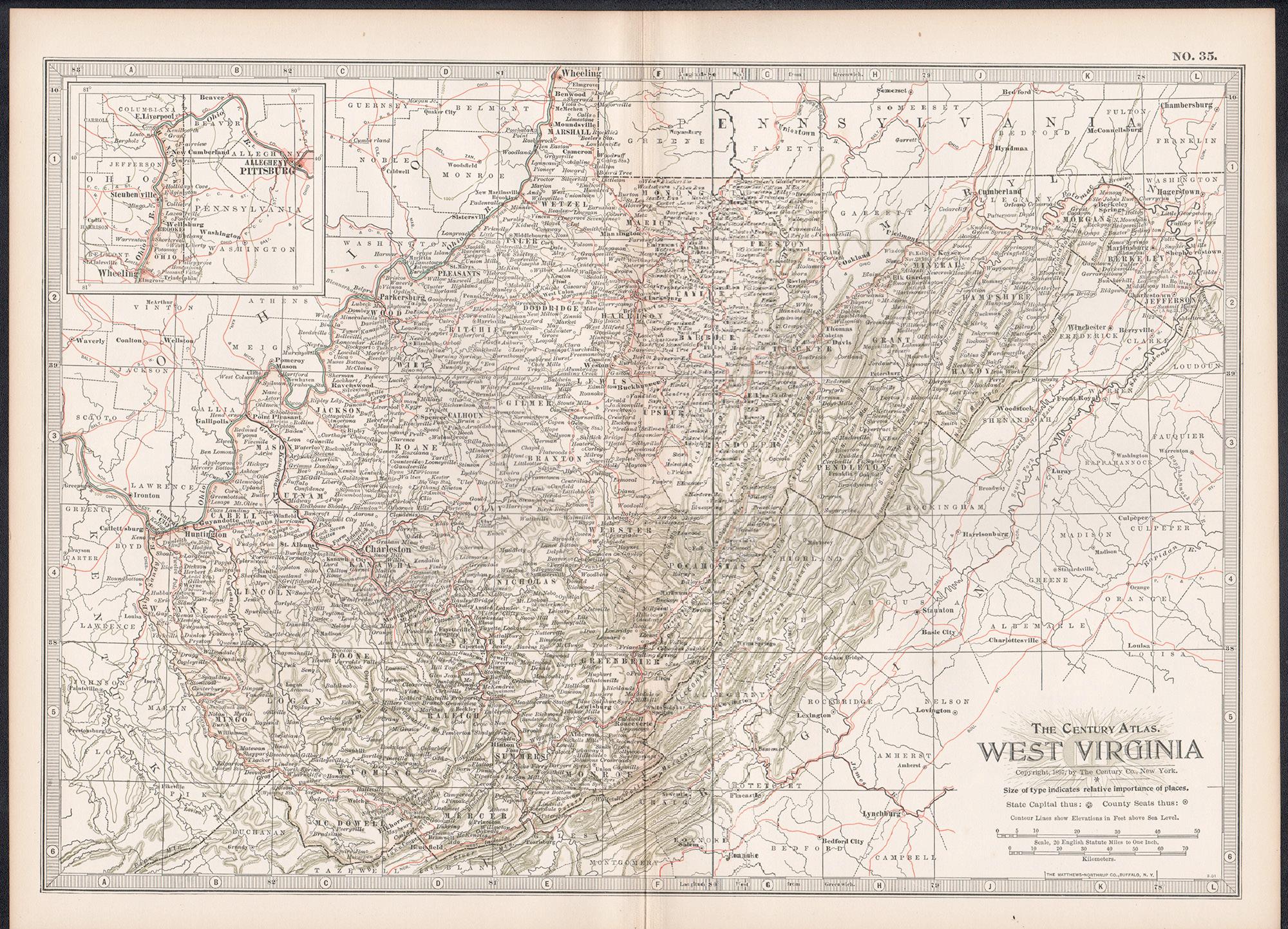 West Virginia. USA. Century Atlas state antique vintage map - Print by Unknown
