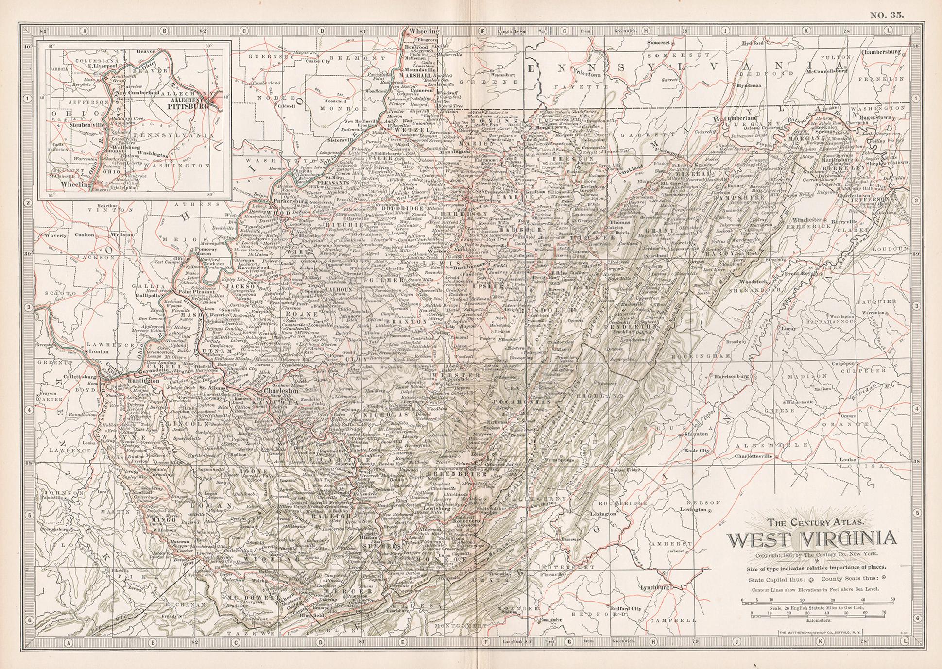 West Virginia. USA. Century Atlas state antique vintage map