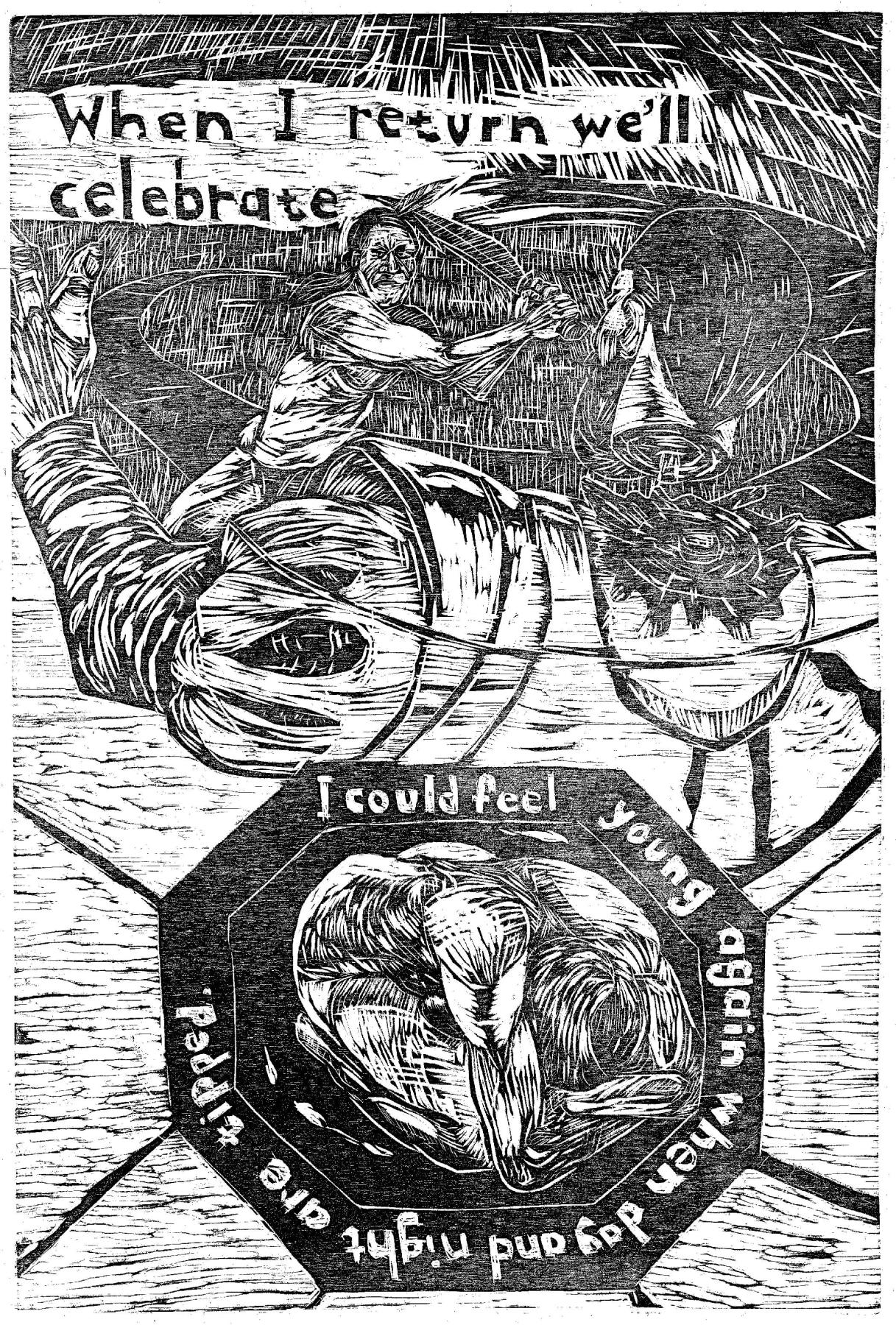 Unknown Figurative Print – Wenn ich zurückkehre, Farbholzschnitt von Daniel Duford, 2013