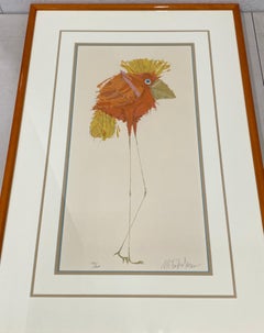 Whimsical "Long Legs" Bird With Orange Feathers Signed Lithograph 20th C
