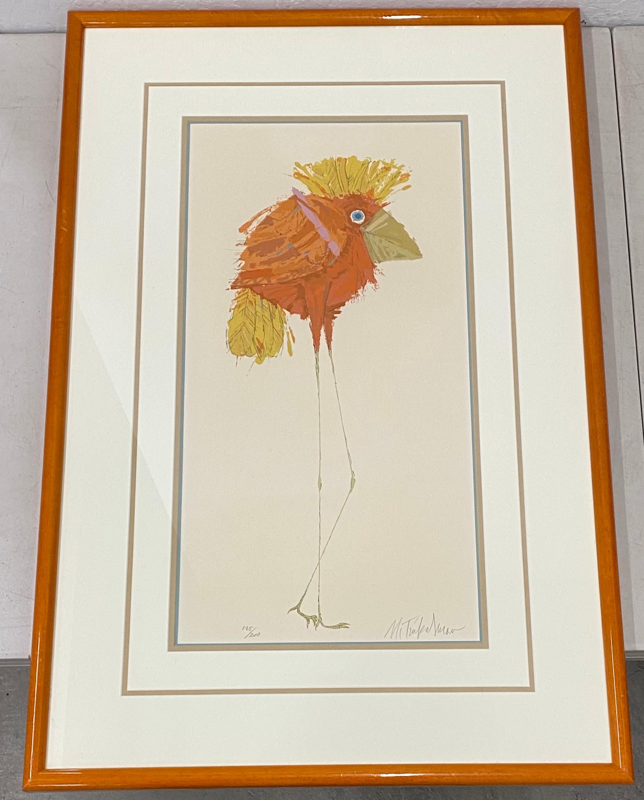Unknown Animal Print – Skurrile ""Long Legs"" Vogel mit orangefarbenen Federn Signierte Lithographie 20. Jahrhundert