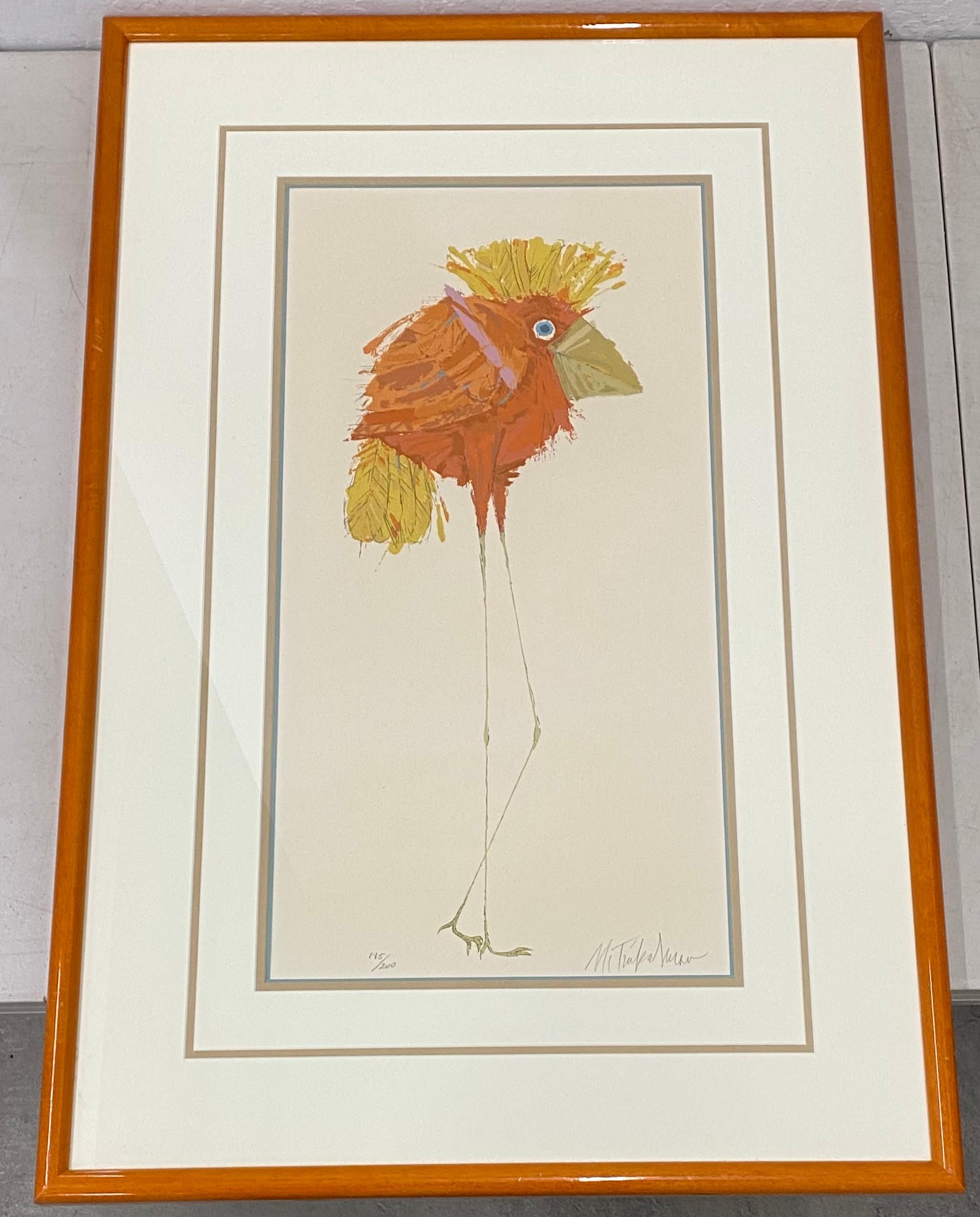 Animal Print di Unknown - Uccello stravagante con piume arancioni "C.A. Long" Litografia firmata del 20° secolo