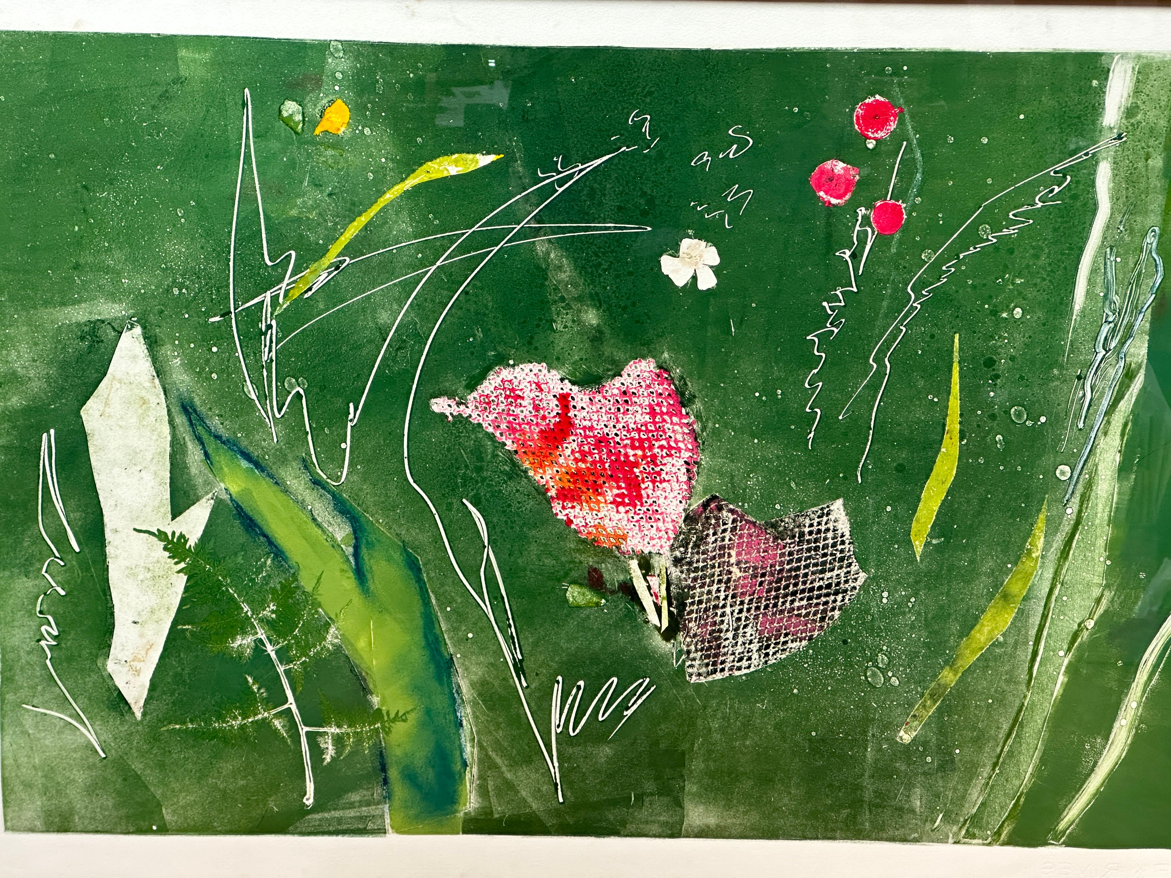  “Whispers of Eternity” Green and Pink Semi Abstract Lithograph - Print by Unknown