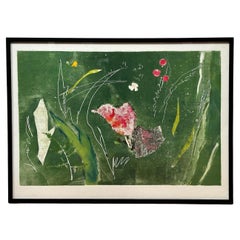Vintage  “Whispers of Eternity” Green and Pink Semi Abstract Lithograph