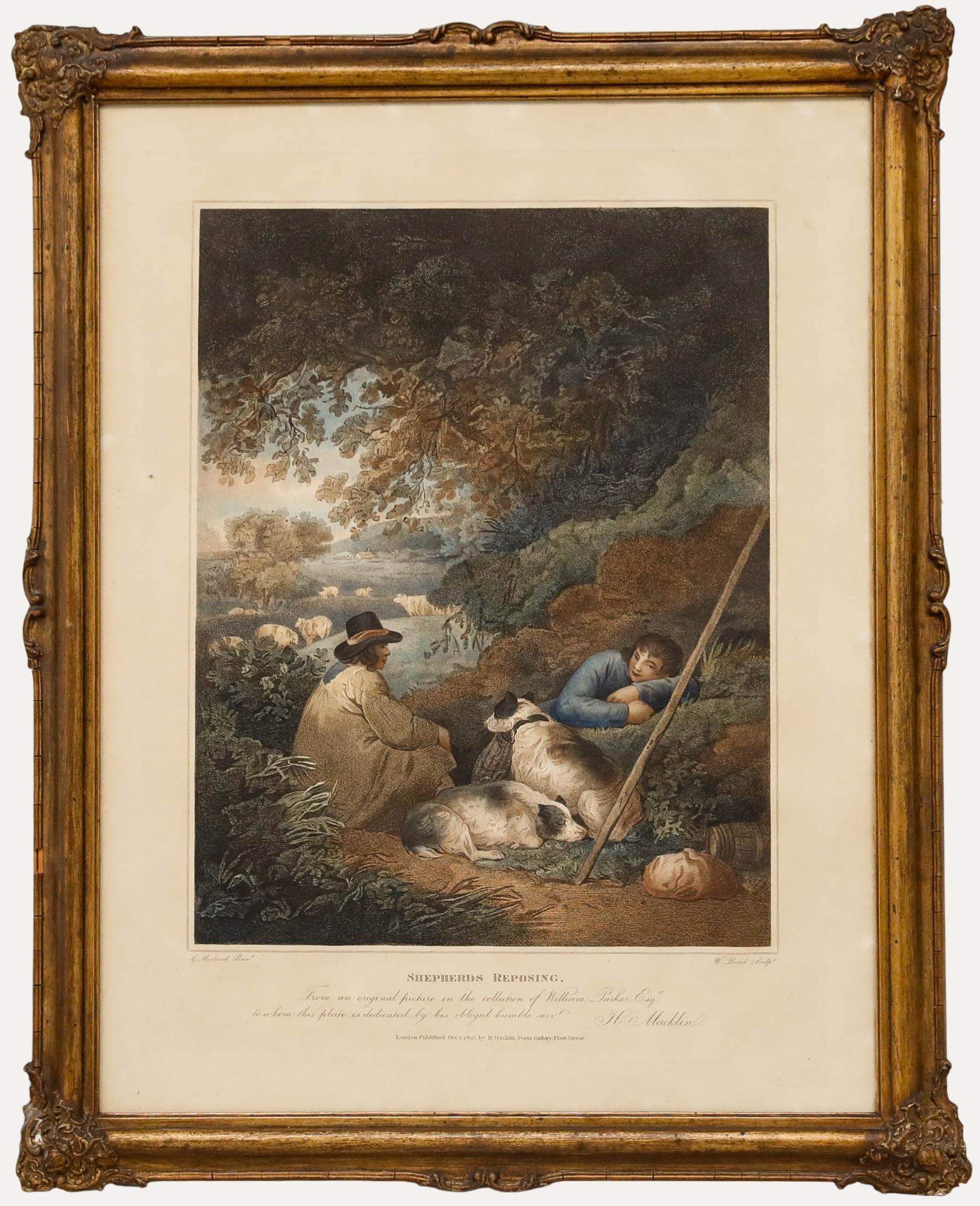 Unknown Figurative Print - William Bond after George Morland - 1803 Stipple Engraving, Shepherds Reposing