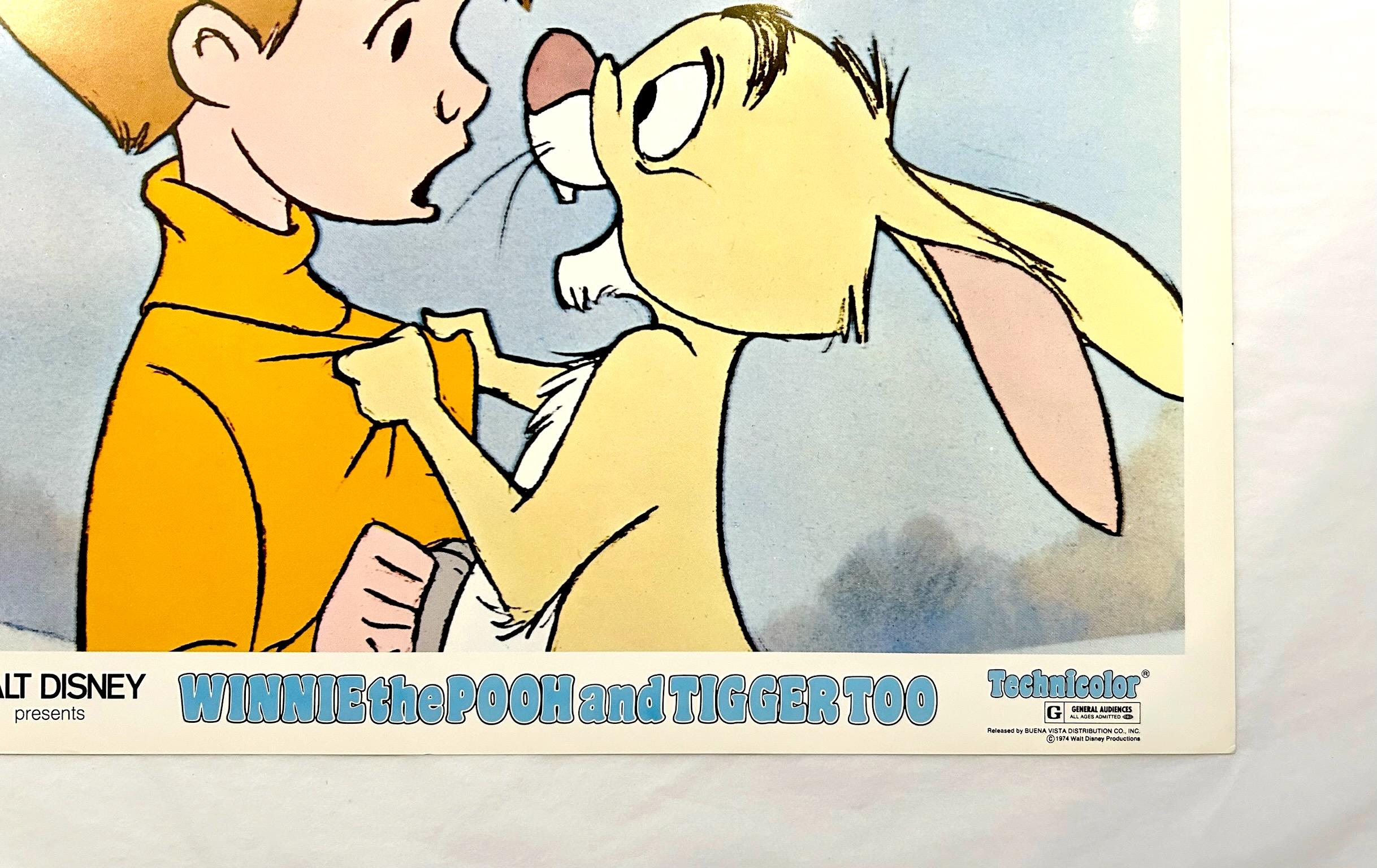 Winnie the Pooh And Tiger Too - Original 1974 Lobby Card 

Vintage 1974  Lobby Card:
Rabbit is tired of Tigger always bouncing him, so he gets Pooh and Piglet together to come up with an idea to get the bounce out of Tigger. Rabbit suggests they