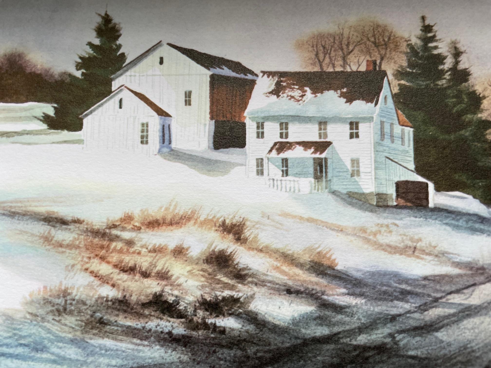 Winter is serene in this landscape of a barn in winter as it begins to fade and head to spring.
Owen Wexler is the artist; this is a limited edition lithograph signed and titled by him.