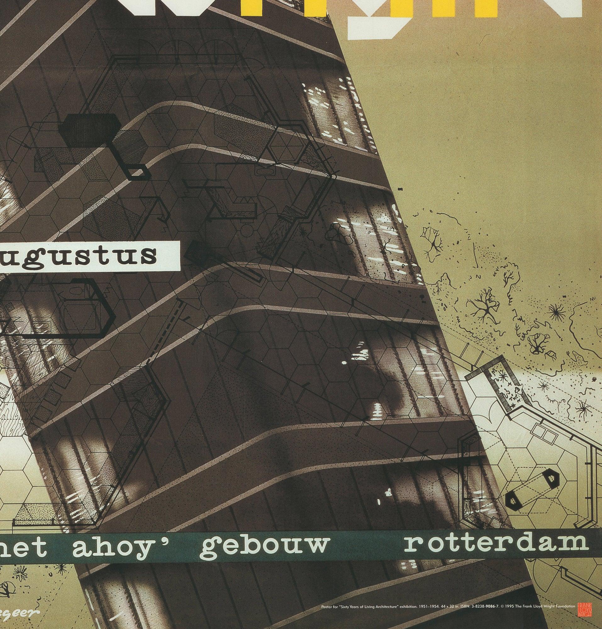 Originally designed in 1960 by Dutch designers Benno Wissing and Jan A. Begeer for the Frank Lloyd Wright exhibition in Rotterdam, this poster exemplifies the bold visual language of mid-century European graphic design. The striking layout and