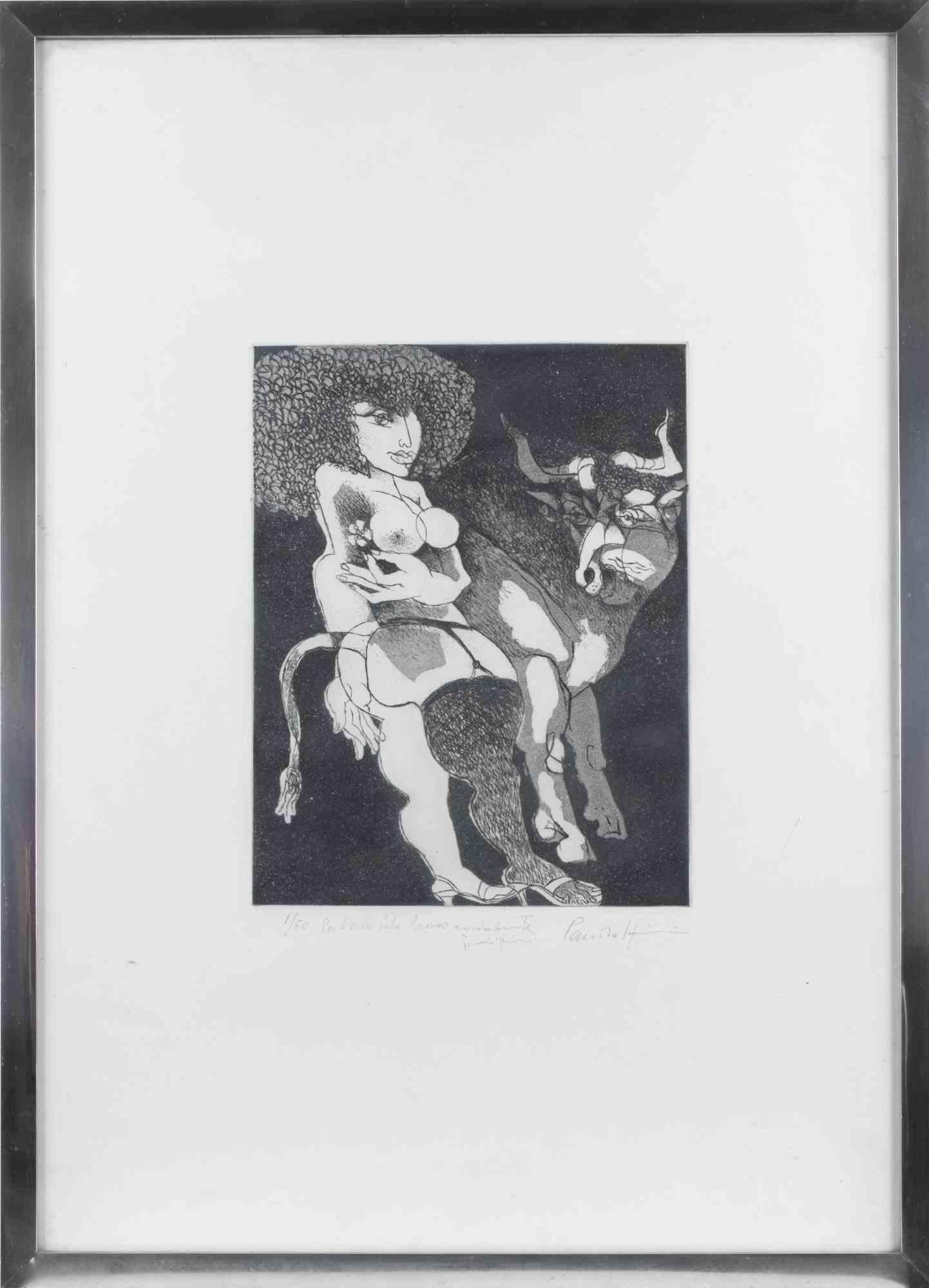 Woman and bull - Aquatint and Etching - 1980s - Print by Unknown