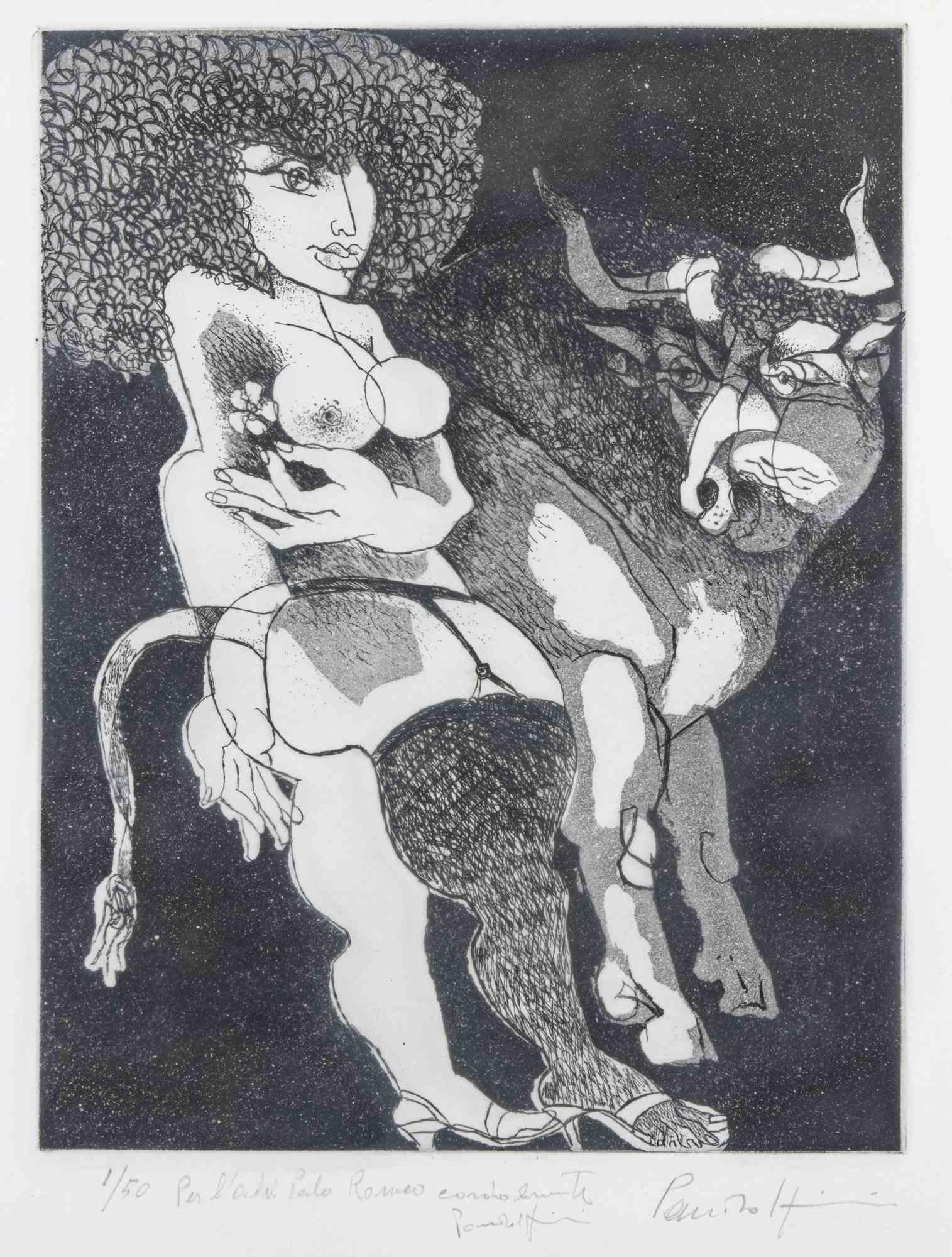 Unknown Figurative Print - Woman and bull - Aquatint and Etching - 1980s