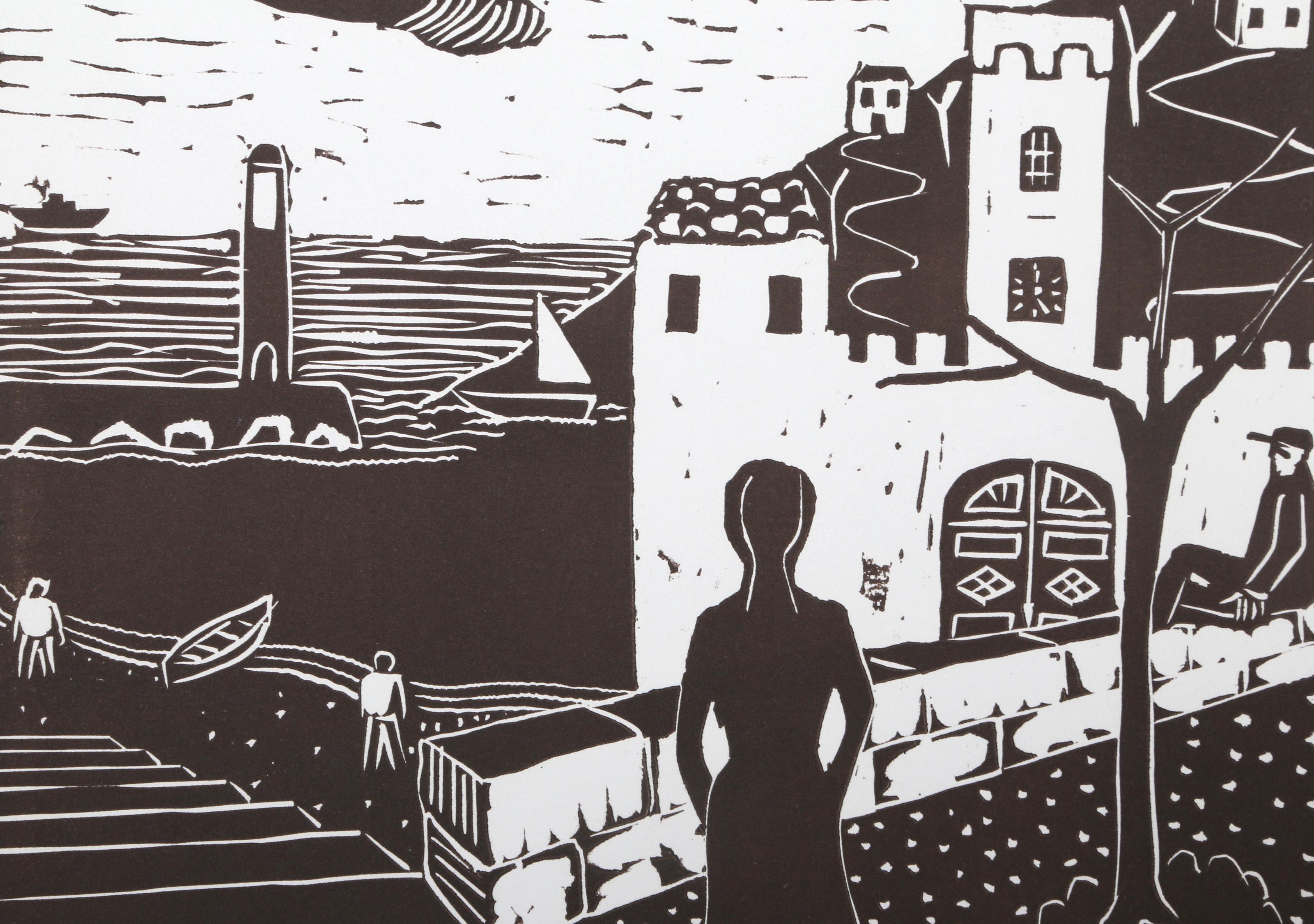 Woman and Landscape, Modern Linocut by Biagio Civale For Sale 1