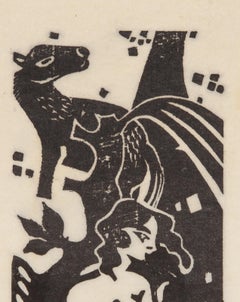 Woman in Tree, Surrealist Woodcut Print