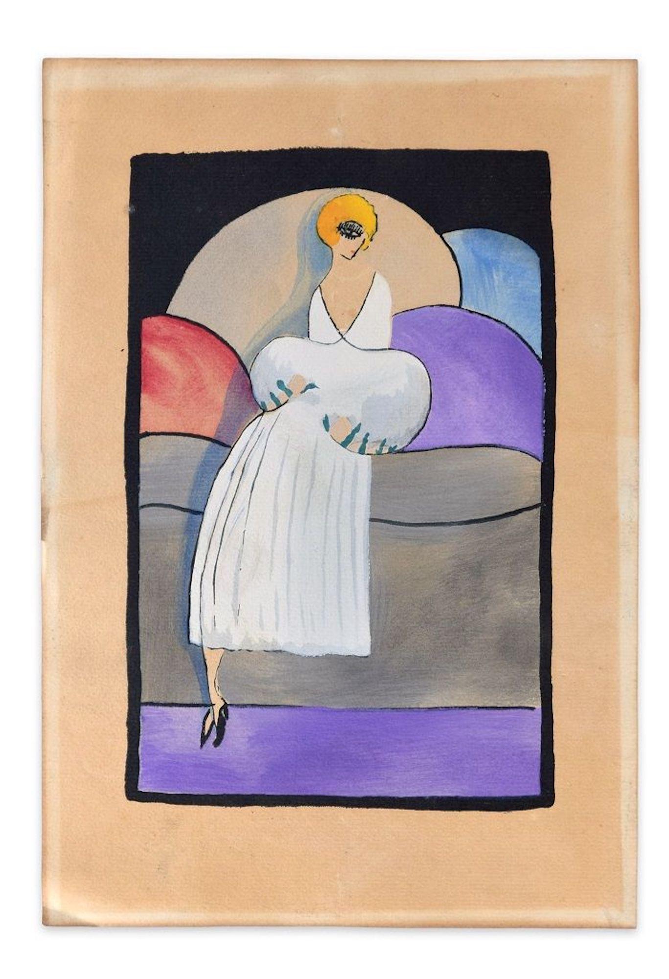 Woman in White / Woodcut Hand Colored in Tempera on Paper - Art Deco - 1920s - Print by Unknown
