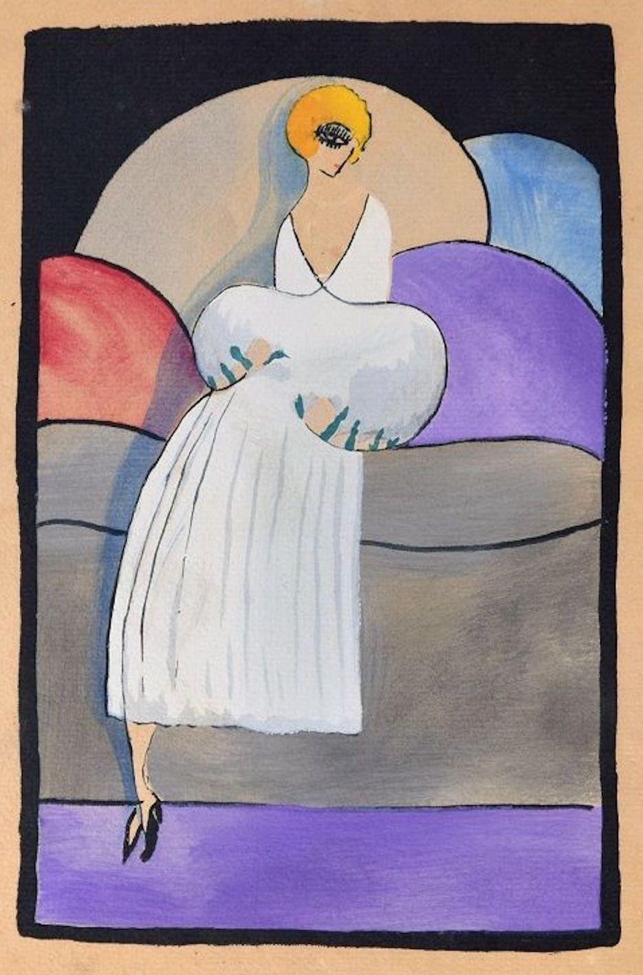 Unknown Figurative Print - Woman in White / Woodcut Hand Colored in Tempera on Paper - Art Deco - 1920s