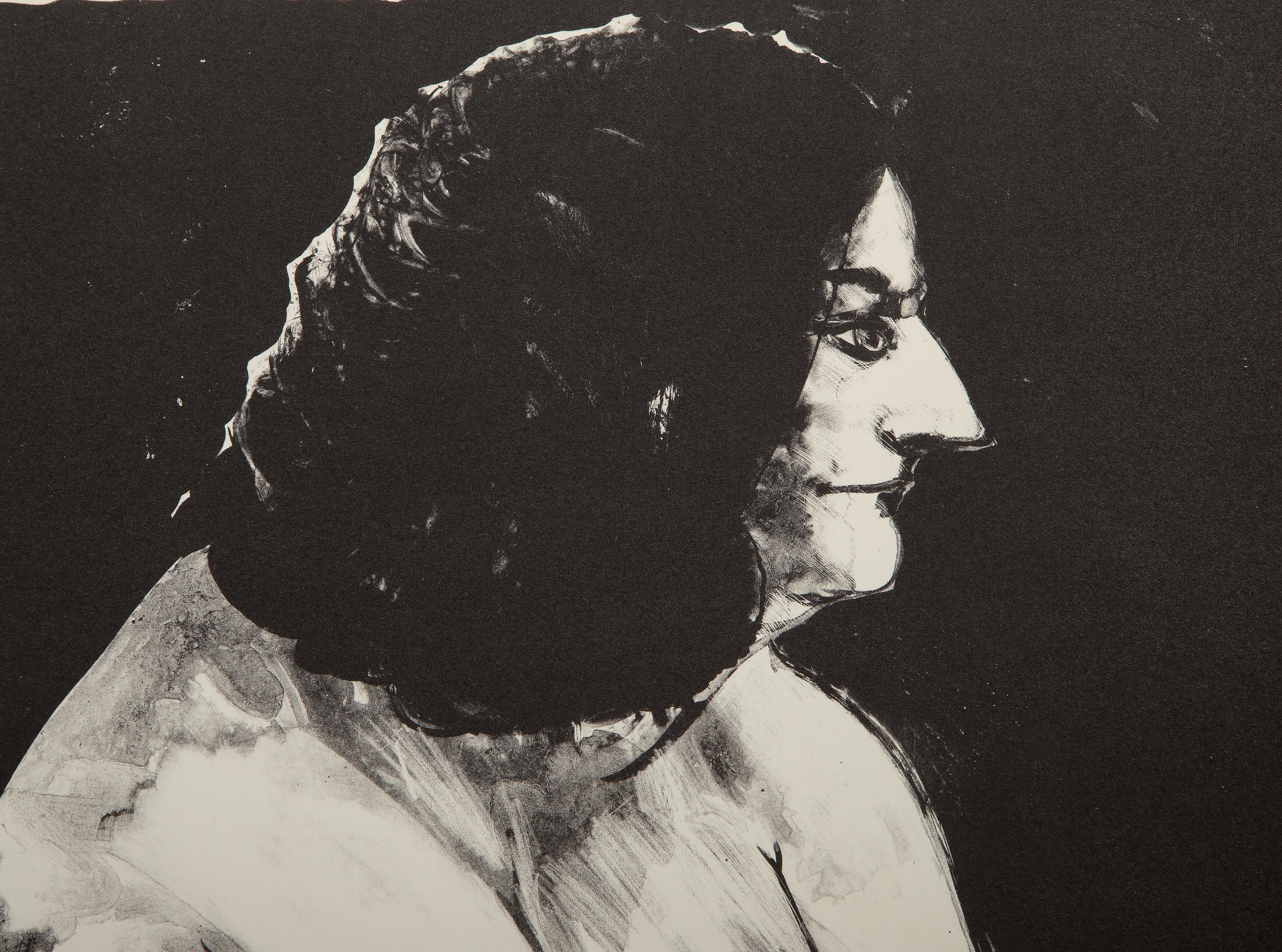 Donna con decalcomania, litografia surrealista di Peters Paone - Portrait Print Nero di Peter Paone