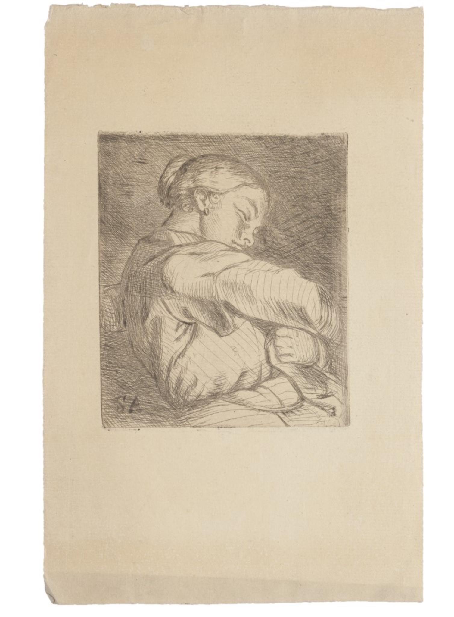 Unknown Figurative Print -  Woman with baby in her arms - Original Etching - 20th Century
