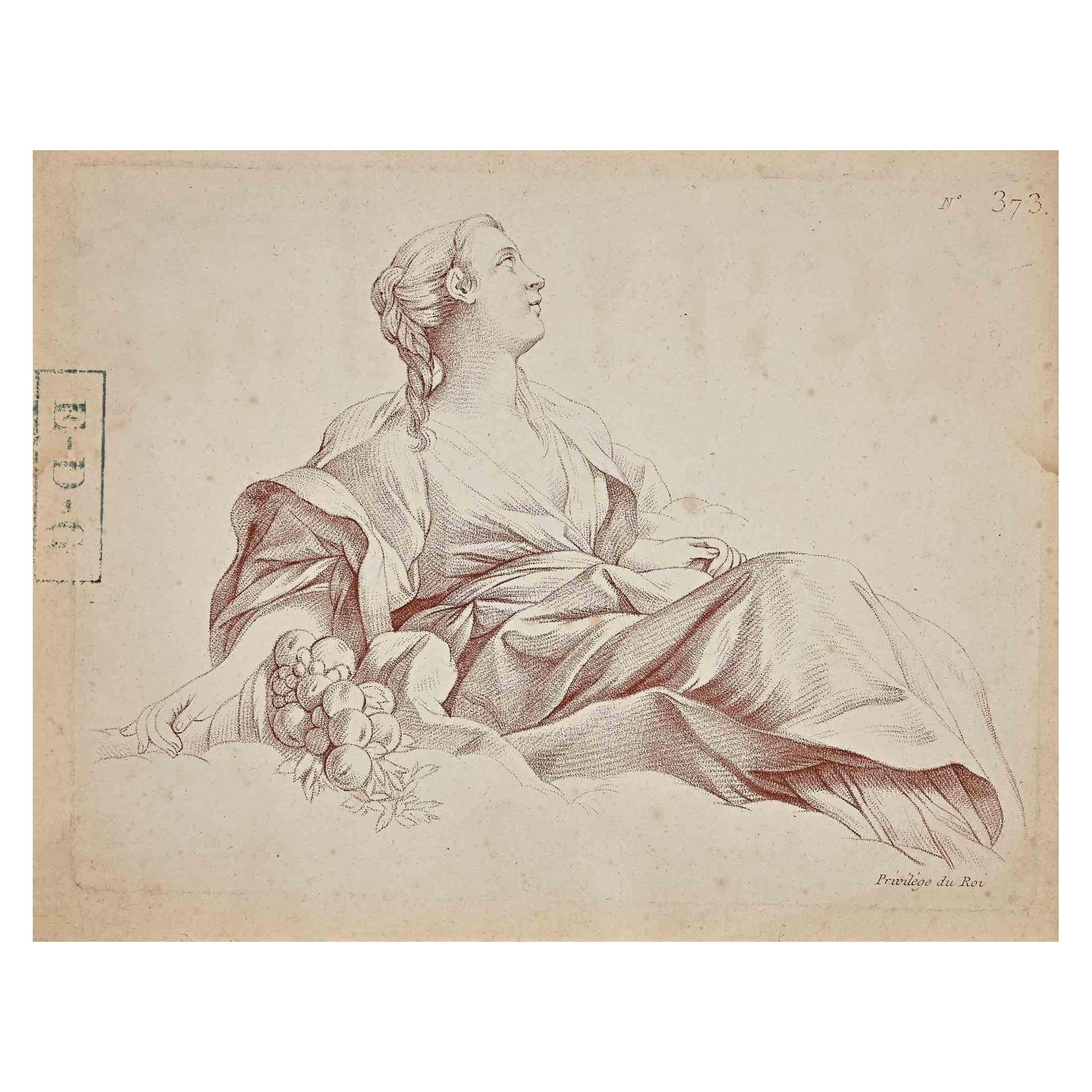 Unknown Figurative Print – Frau mit Füllhorn – Lithographie der französischen Künstlerin – 1830