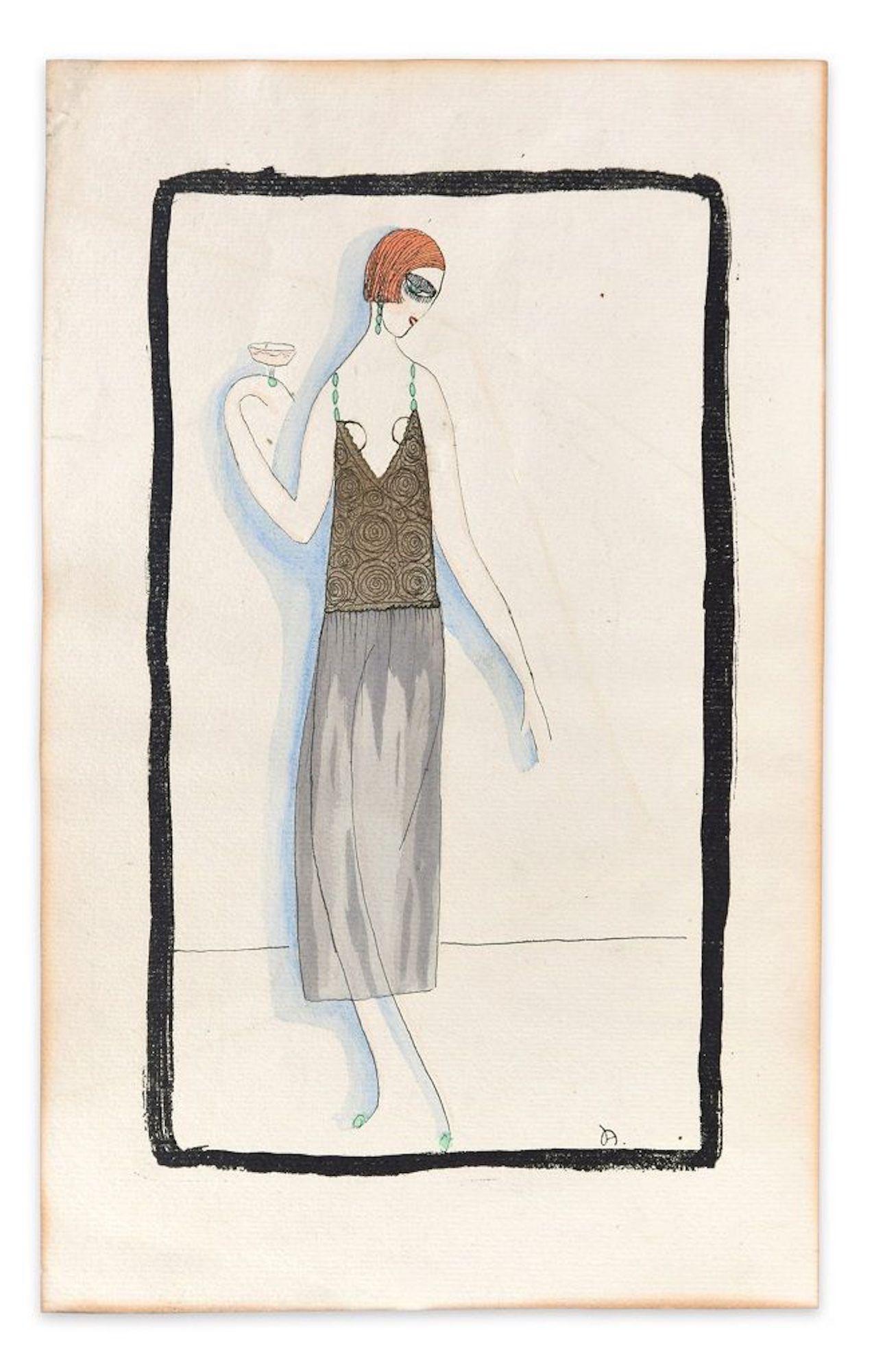 Unknown Figurative Print - Woman with Drink - Woodcut Hand Colored in Tempera on Paper - Art Deco - 1920s