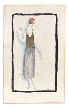 Woman with Drink - Woodcut Hand Colored in Tempera on Paper - Art Deco - 1920s