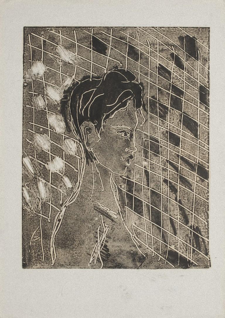 Unknown Portrait Print - Woman's Profile - Original Monotype - 1950s