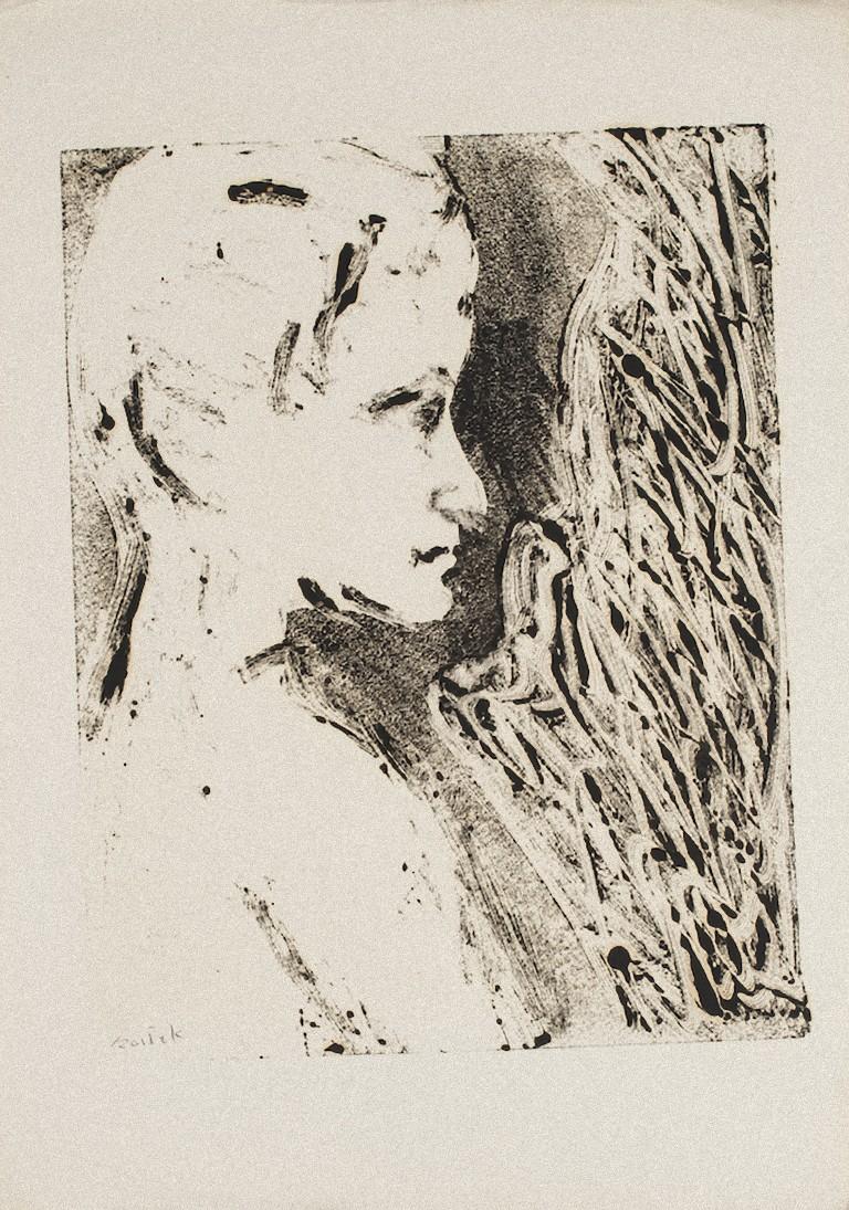 Unknown Portrait Print - Woman's Profile - Original Monotype - 1950s
