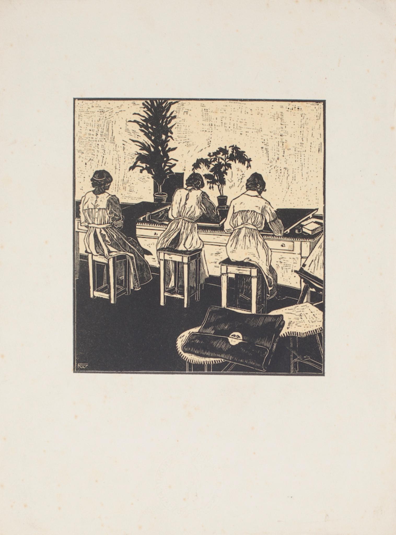 Unknown Figurative Print - Women at Needlework - Original Woodcut - 20th Century