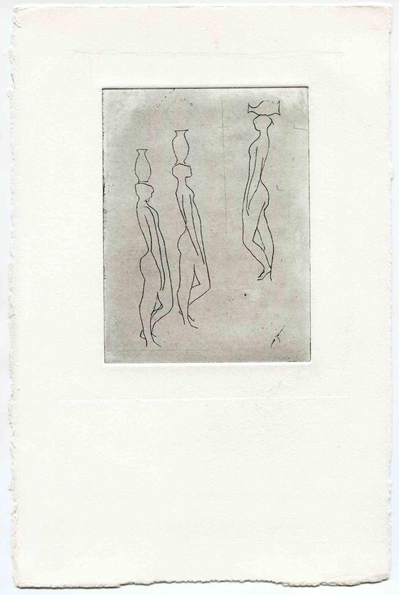 Unknown Figurative Print - Women Carrying - Original Etching and Drypoint - Mid-20th Century