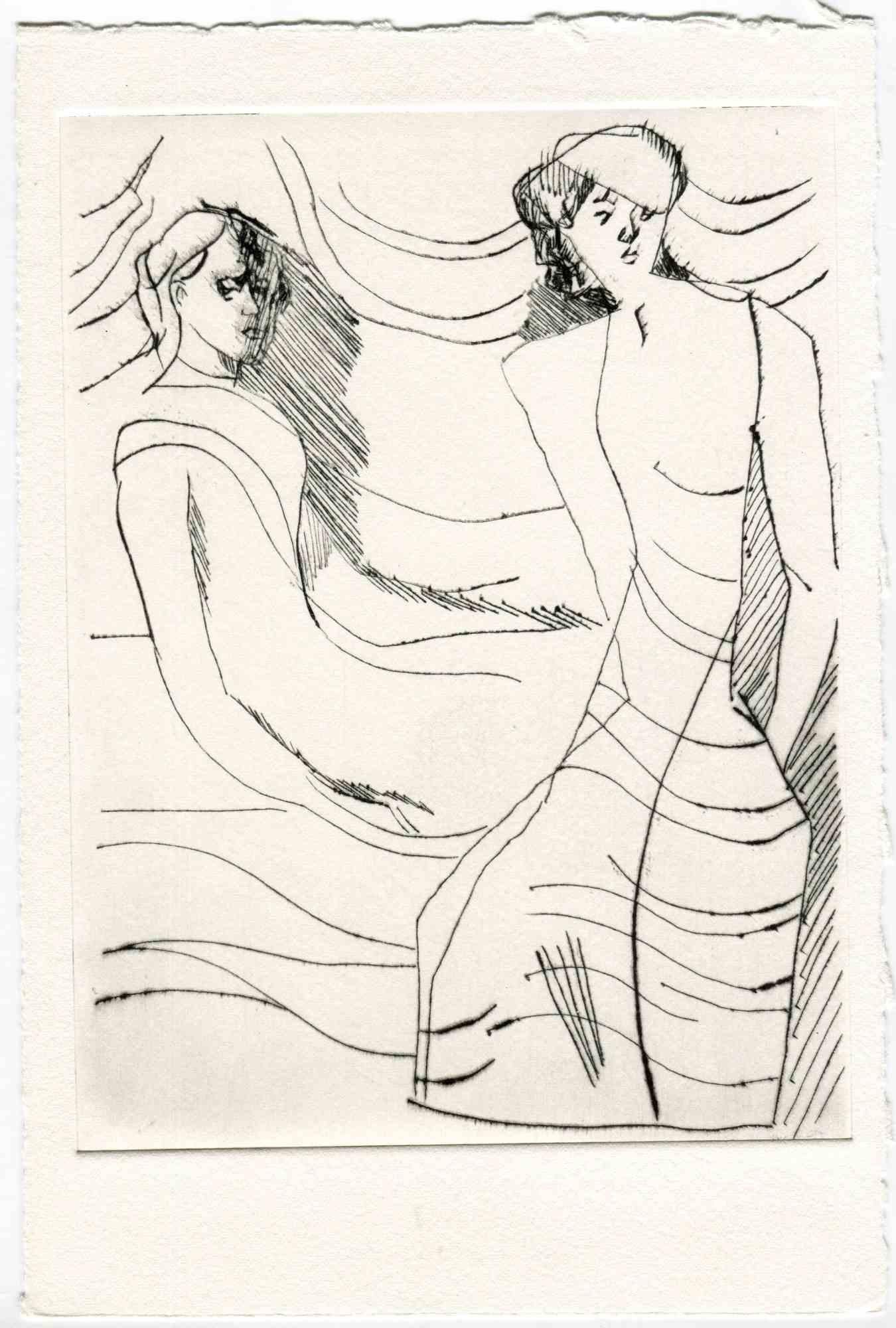 Unknown Figurative Print - Women in the Wind - Original Etching and Drypoint - Mid-20th Century