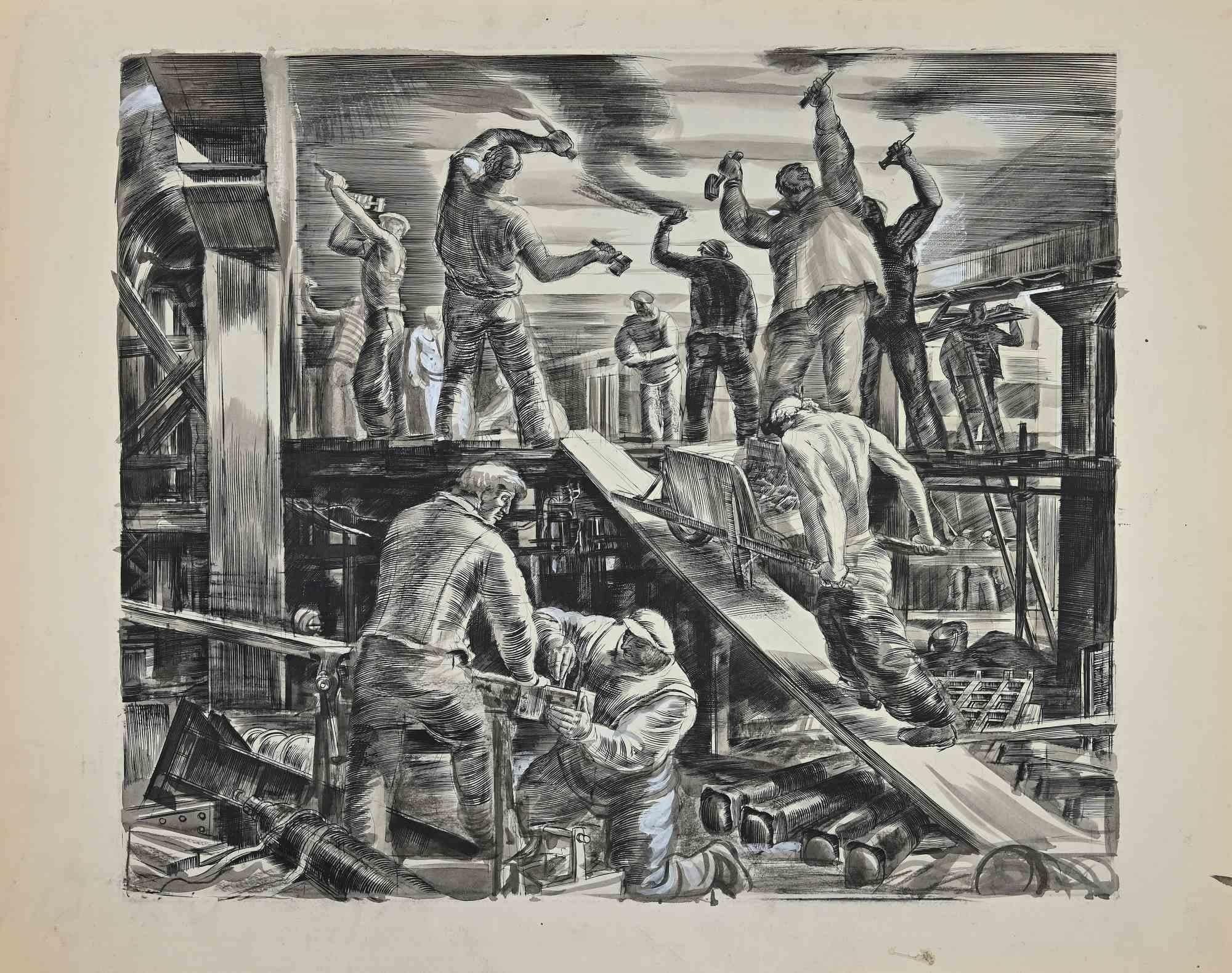 Albert Decaris Figurative Art - Workers - Ink and Watercolor - Mid-20th Century