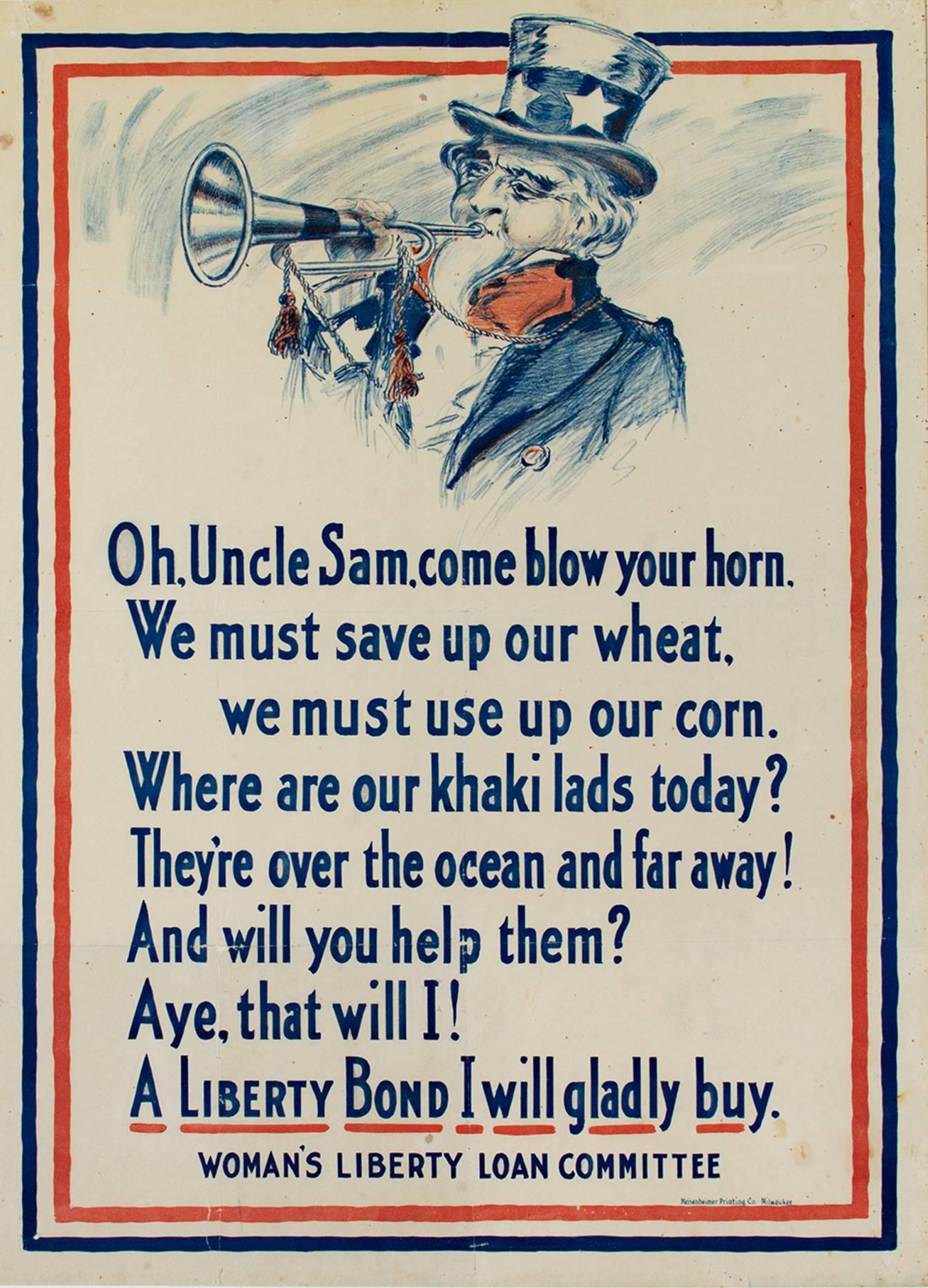 Unknown Figurative Print - "World War I Poster - Uncle Sam, " Lithograph printed by Meisenheimer Milwaukee
