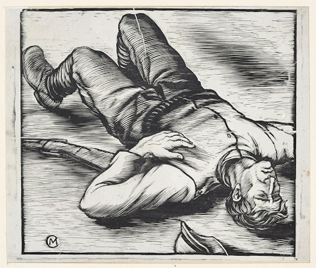 Unknown Figurative Print - Wounded Soldier - Original Woodcut Print on Paper - Mid-20th century
