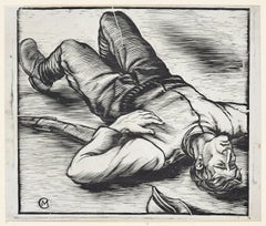 Soldat blessé - Impression originale sur papier sur bois - Milieu du 20e siècle