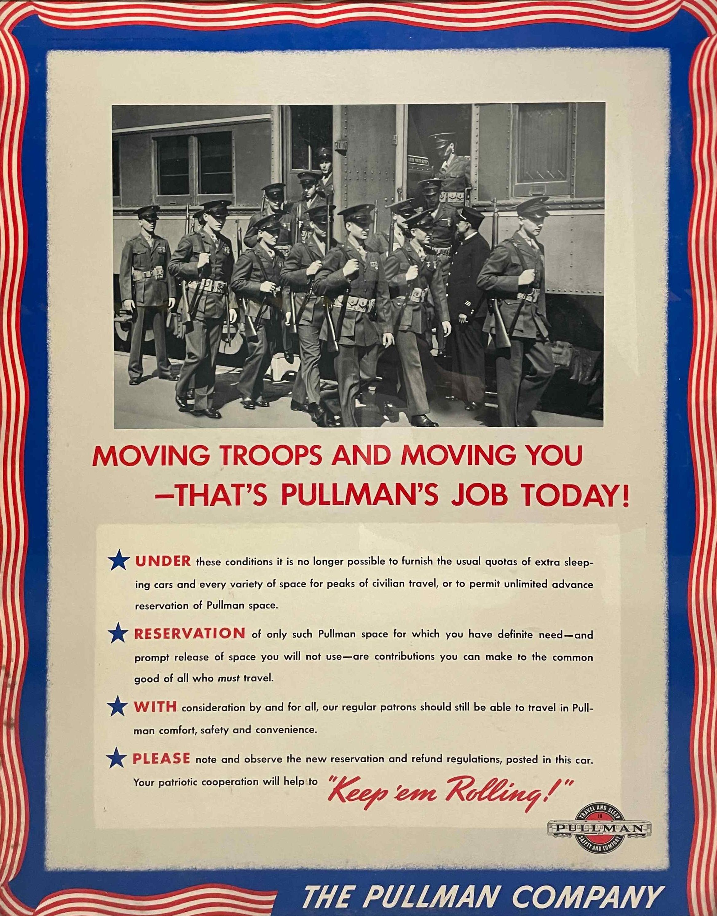 Unknown Figurative Print - WWII-Era Pullman Company Poster "Moving Troops and You" in Original Frame