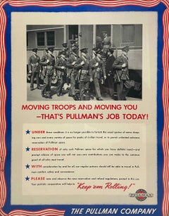 Poster della compagnia Pullman della Seconda Guerra Mondiale "Moving Troops and You" in cornice originale